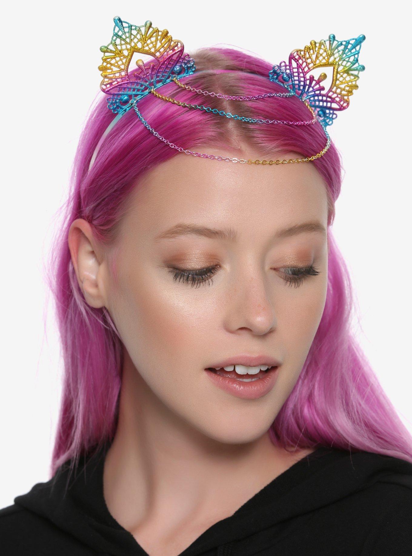 Rainbow Anodized Chain Cat Ear Headband, , hi-res