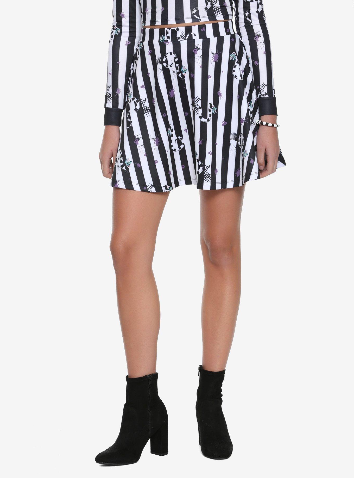 Beetlejuice Striped Skater Skirt, BLACK, hi-res