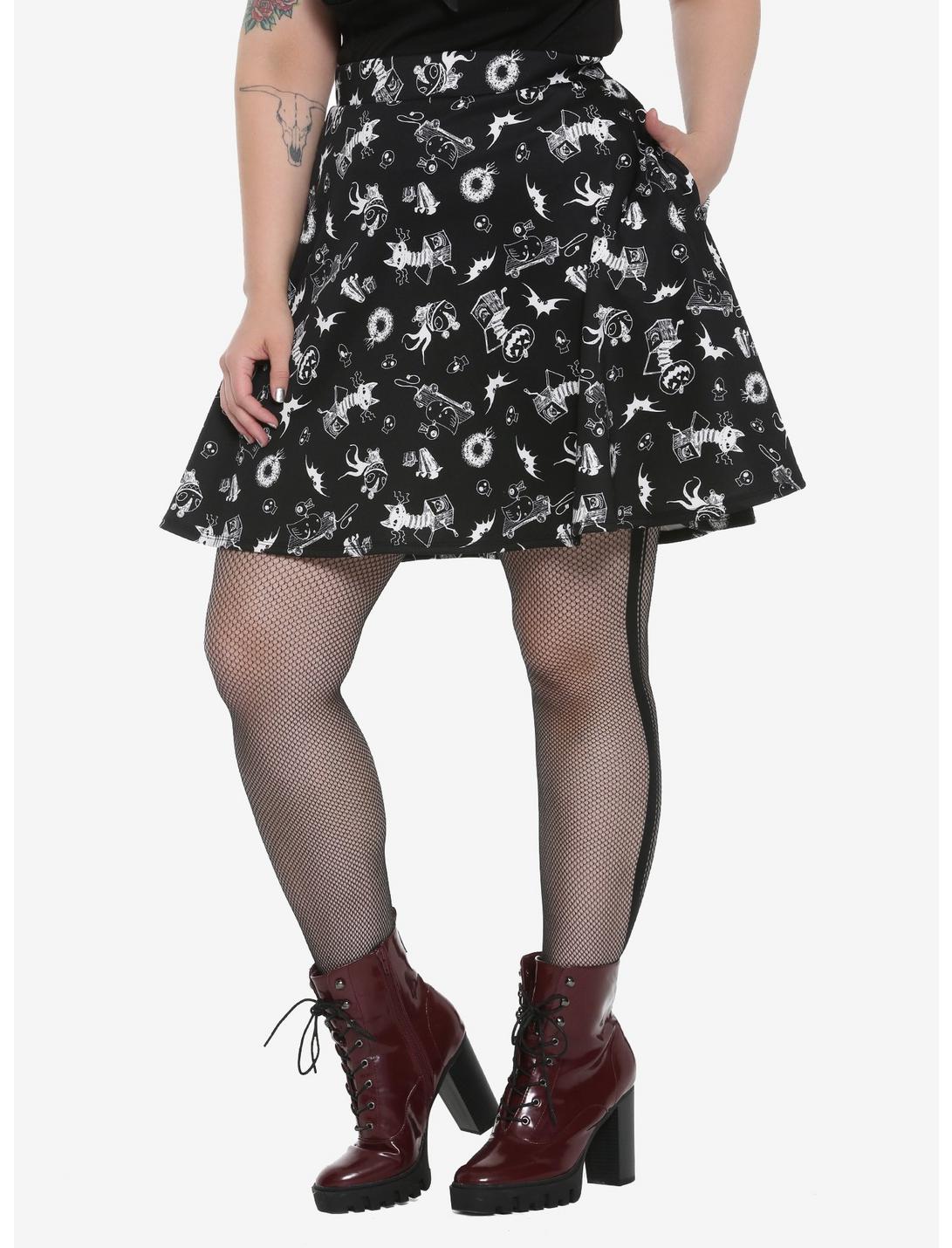 The Nightmare Before Christmas Spooky Toys Black & White Skater Skirt Plus Size, GREEN, hi-res
