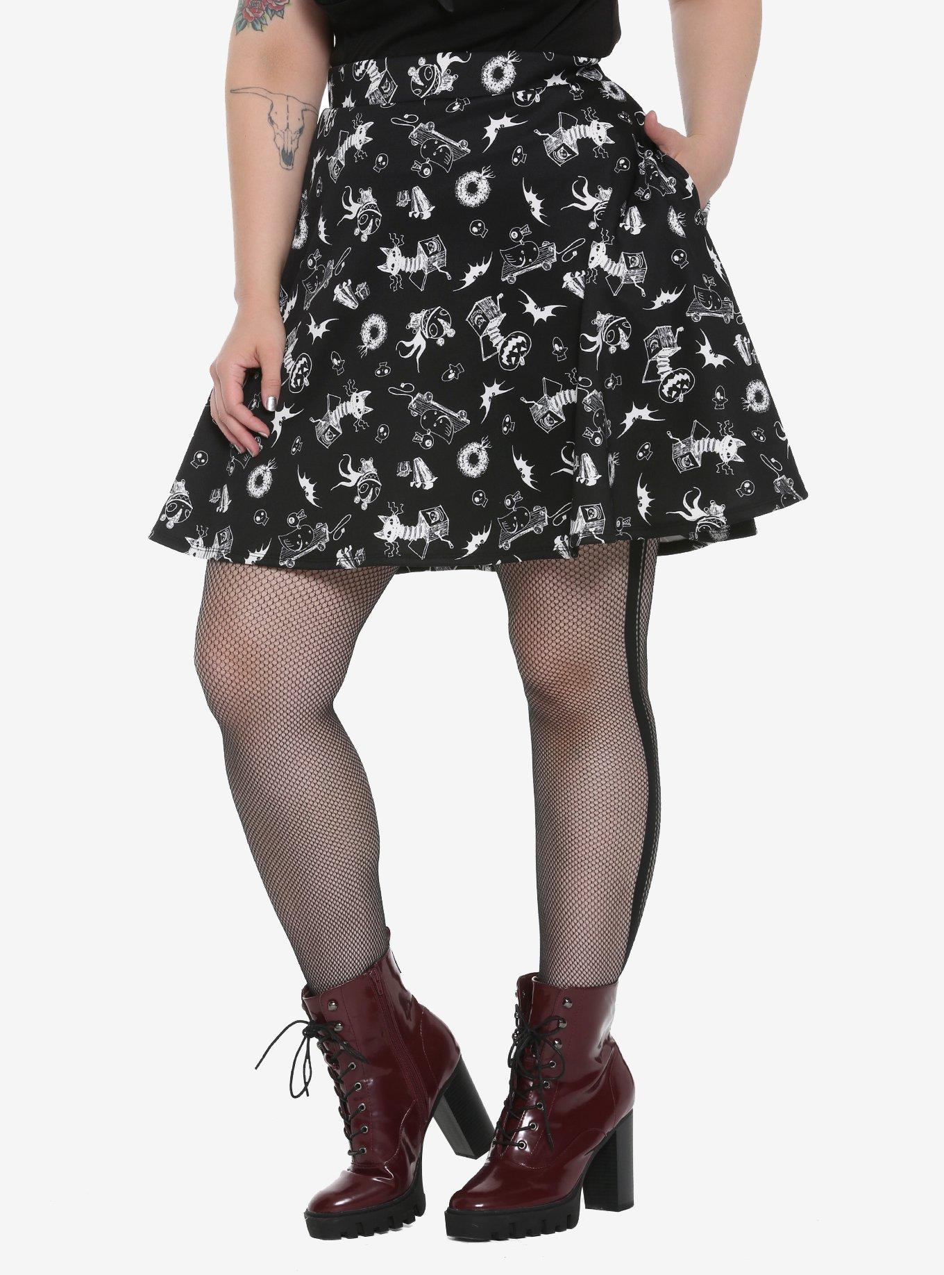 The Nightmare Before Christmas Spooky Toys Black & White Skater Skirt Plus Size, GREEN, hi-res