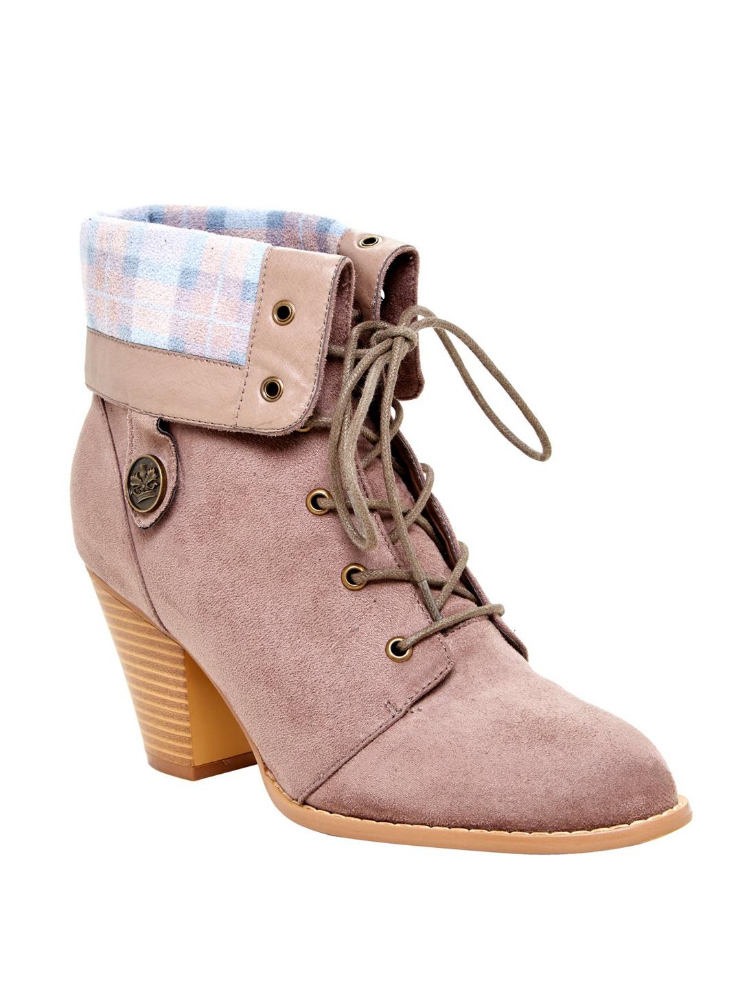 Outlander Tartan Taupe Lace-Up Heel Booties Hot Topic Exclusive, MULTI, hi-res