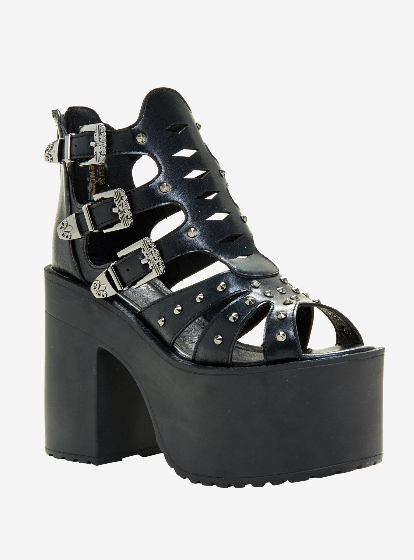Gothic Buckle Strappy Platform Sandals, BLACK, hi-res