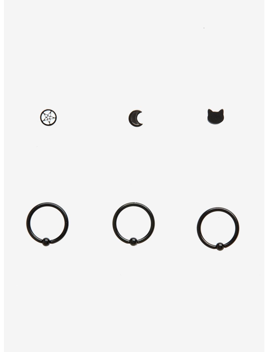 Steel Black Cat Moon & Pentagram Nose Bone & Hoop 6 Pack, BLACK, hi-res