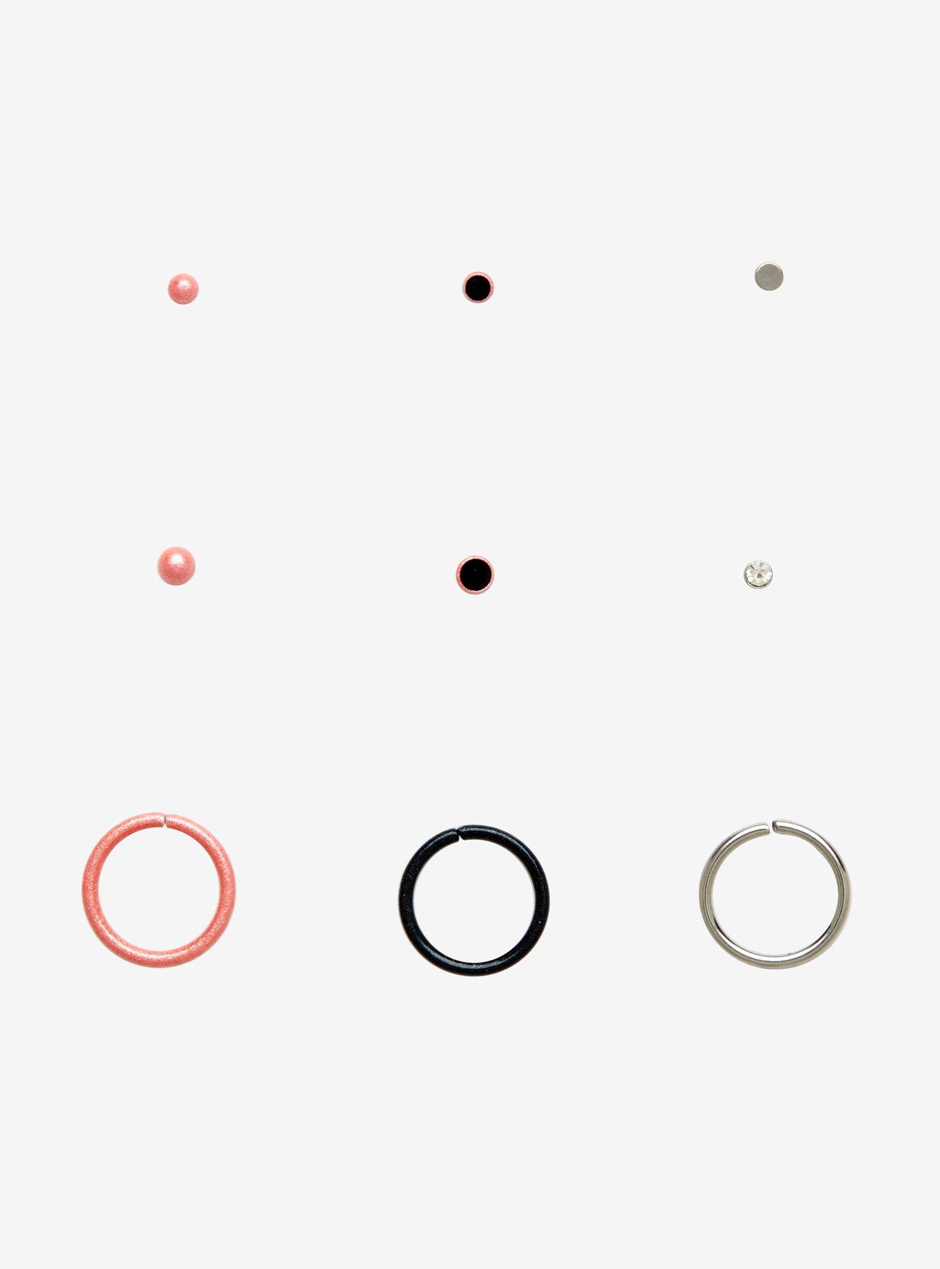 Steel Sparkly Pink & Black Nose Stud & Hoop 9 Pack, MULTI, hi-res