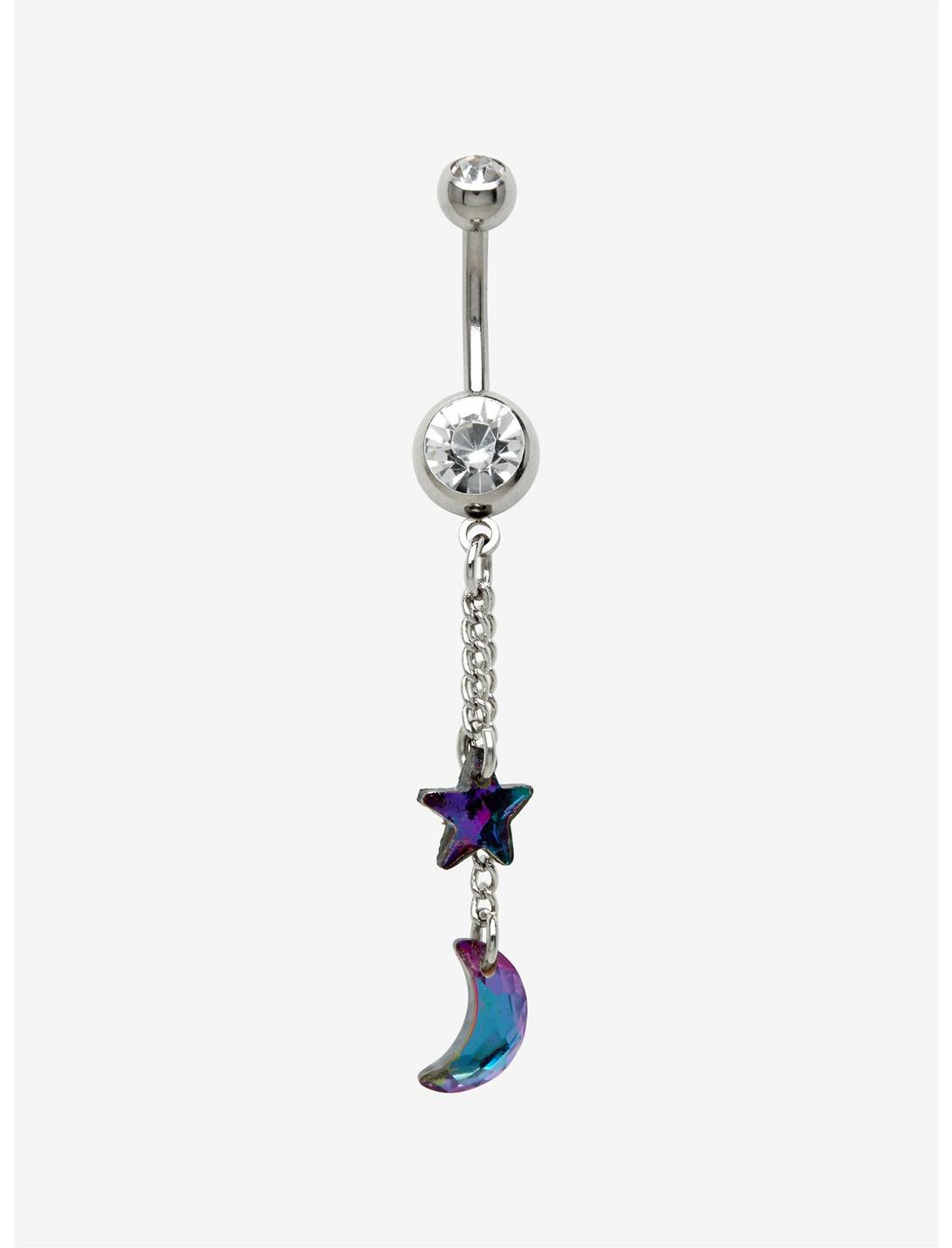 14G Steel Moon & Star Dangle Curved Navel Barbell, , hi-res