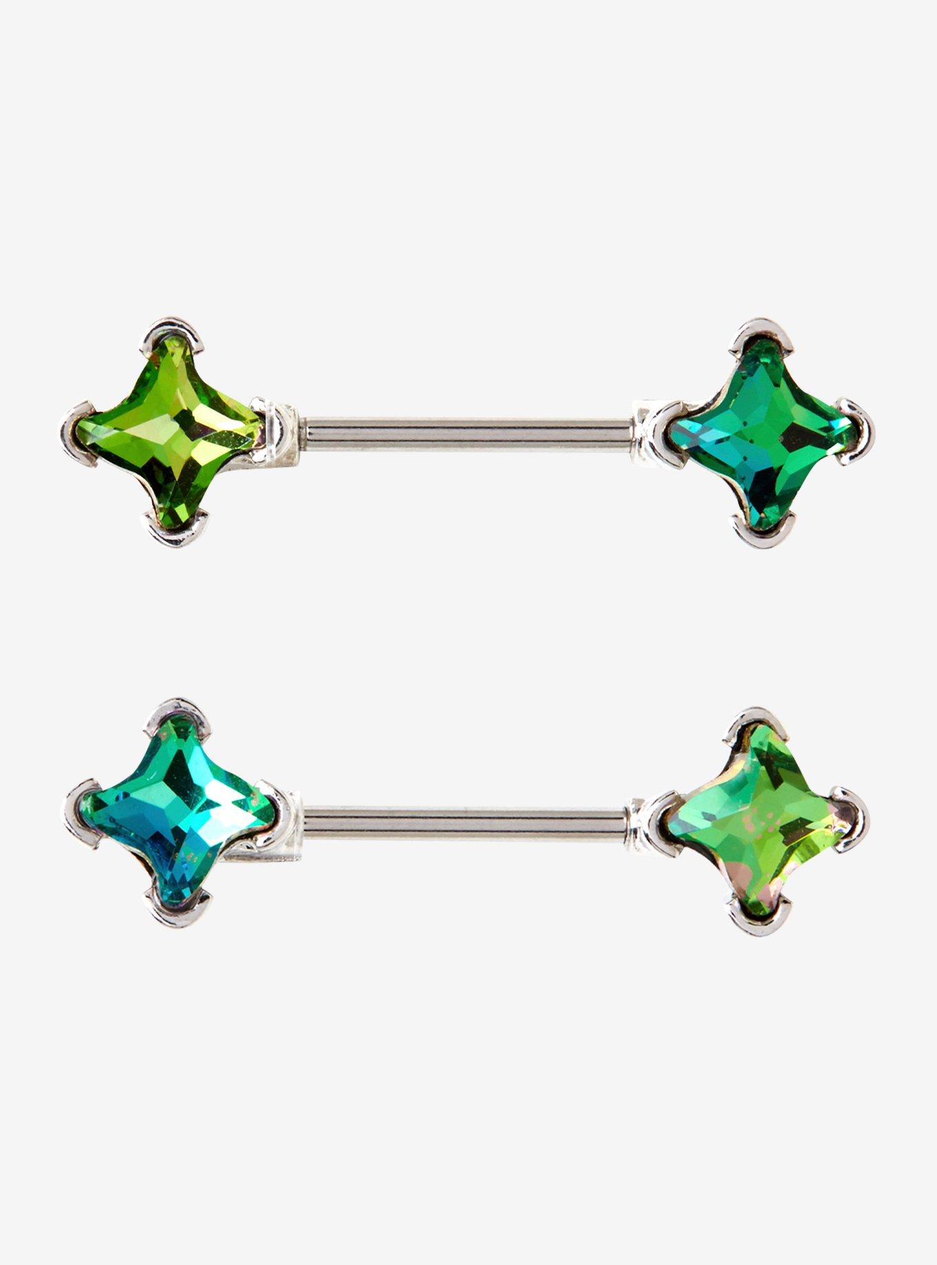 14G Steel Iridescent Teal 4 Pointed Star Gem Nipple Barbell 2 Pack, , hi-res