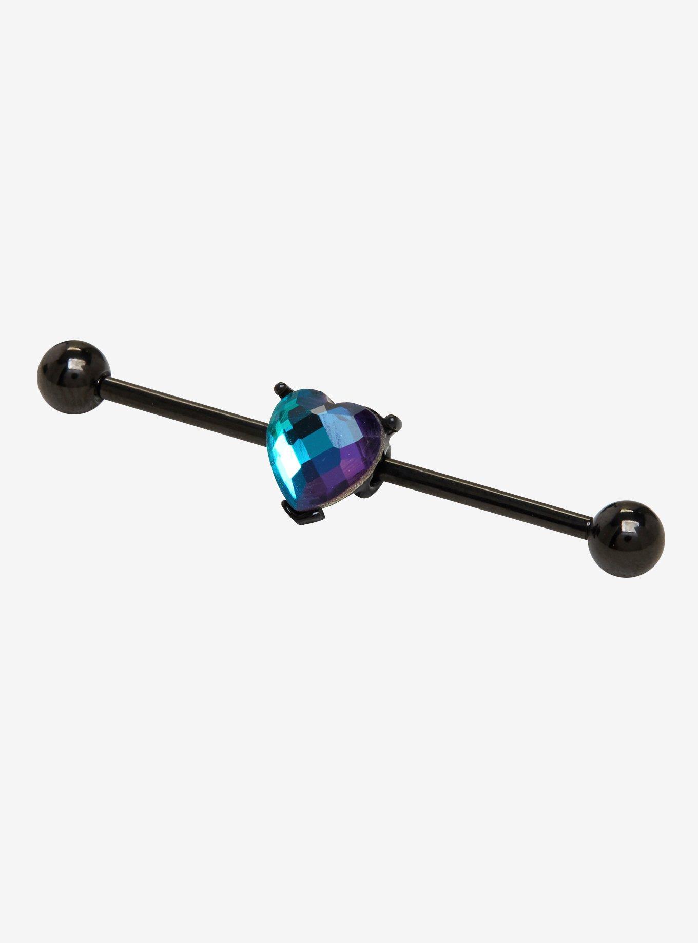 14G Iridescent Green Heart Gem Surgical Steel Industrial Barbell, , hi-res