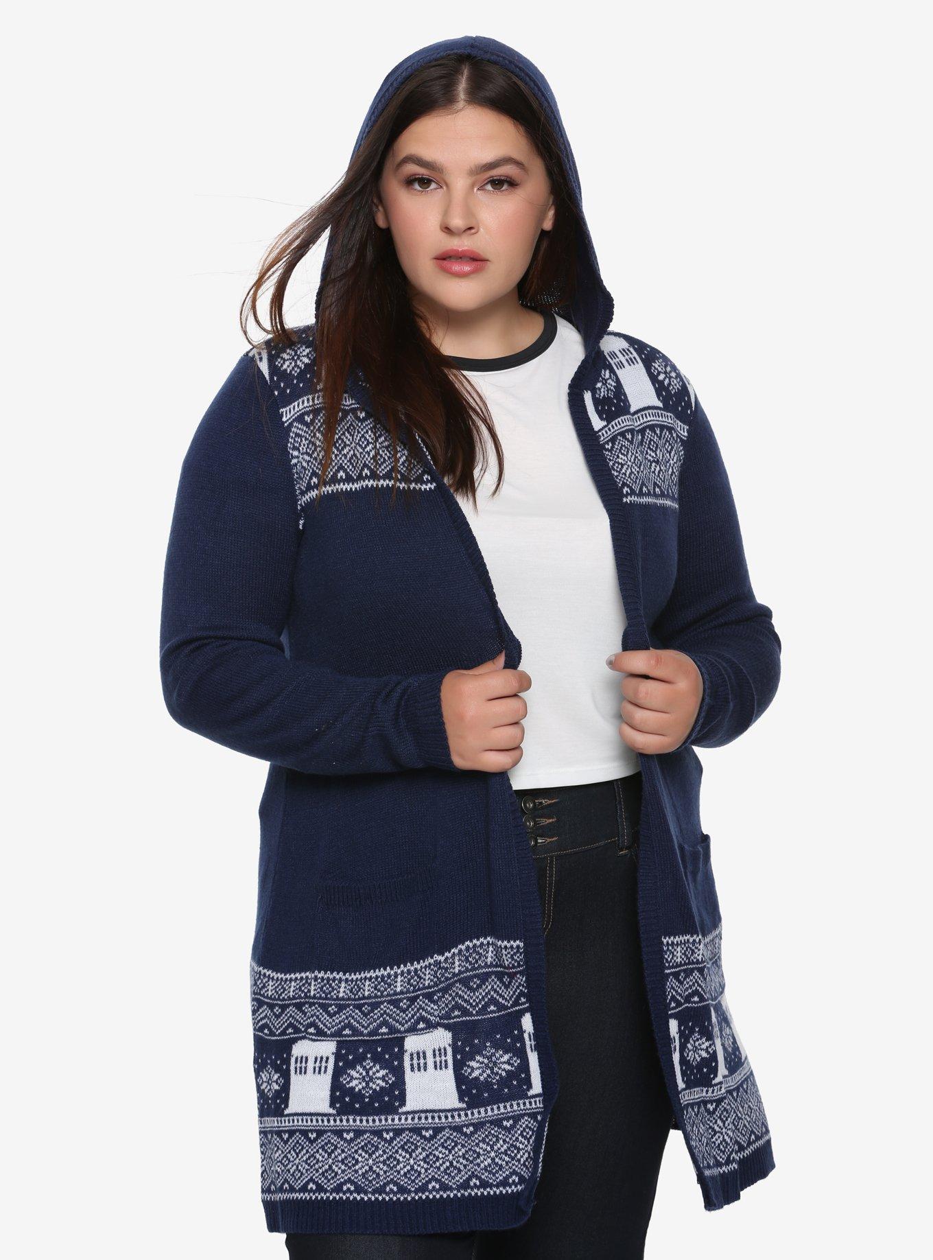 Her Universe Doctor Who TARDIS Intarsia Girls Hooded Cardigan Plus Size, BLUE, hi-res