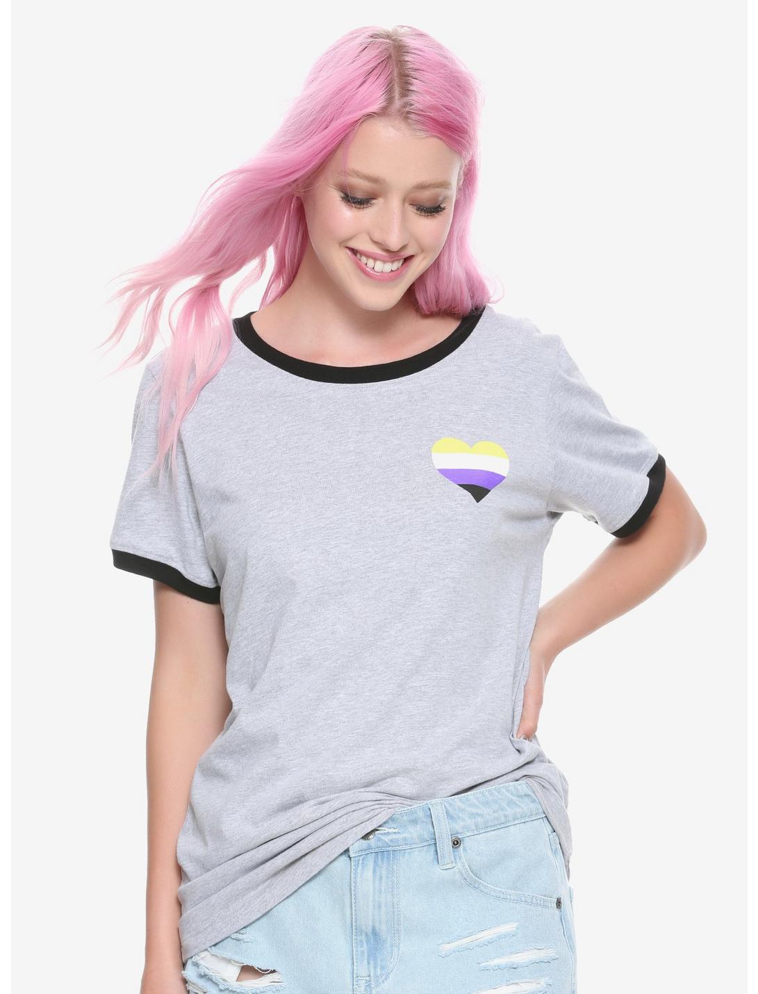 Non-Binary Pride Heart Flag Girls Ringer T-Shirt, BLACK, hi-res