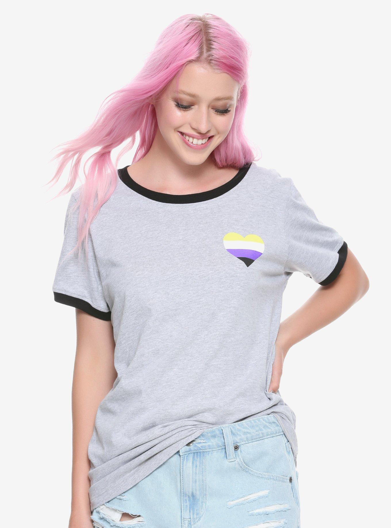 Non-Binary Pride Heart Flag Girls Ringer T-Shirt, BLACK, hi-res