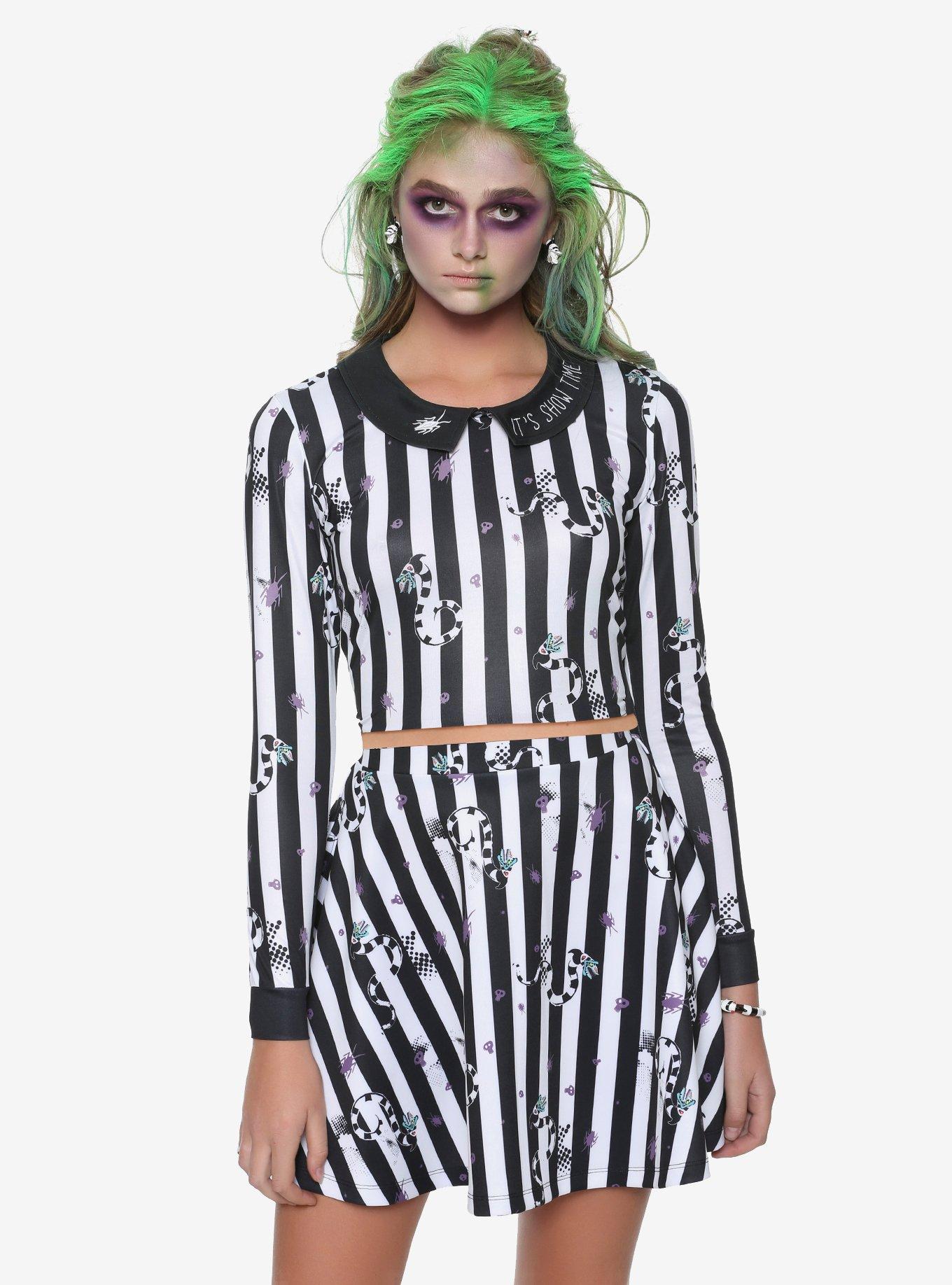 Beetlejuice Striped Collar Long-Sleeve Girls Crop Top, BLACK, hi-res