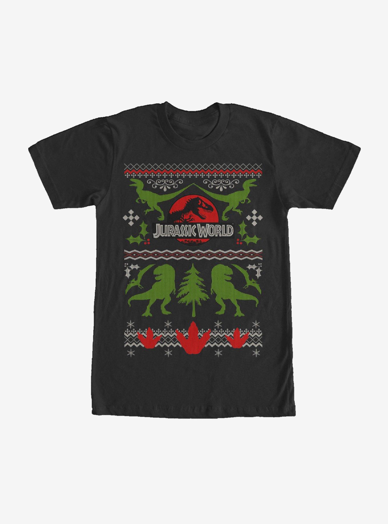 Jurassic Park Ugly Christmas Sweater Print T-Shirt, BLACK, hi-res