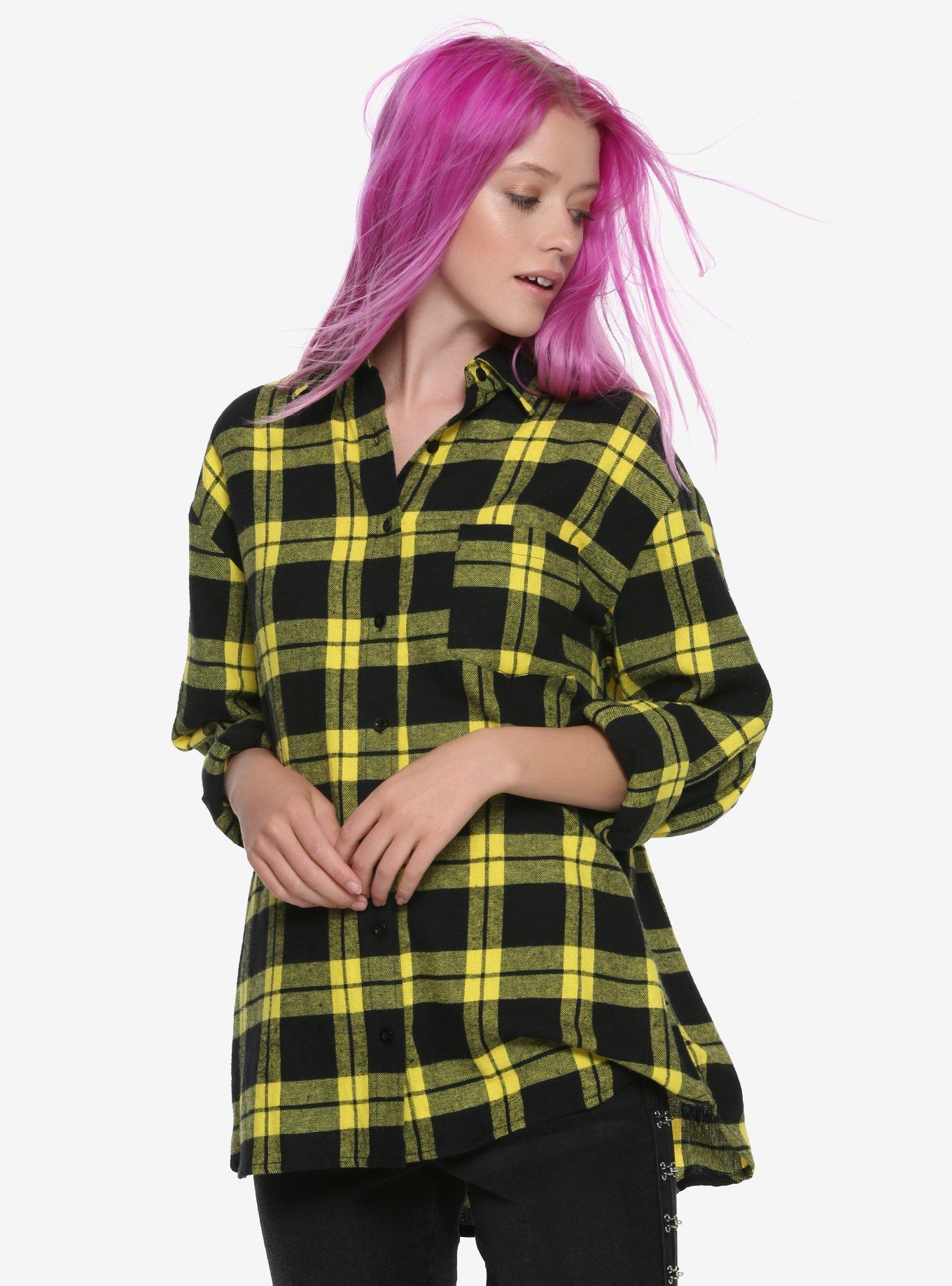 Black & Yellow Plaid Girls Button-Up Flannel, PLAID, hi-res