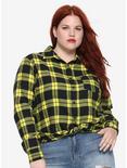 Black & Yellow Plaid Girls Button-Up Flannel Plus Size, PLAID, hi-res
