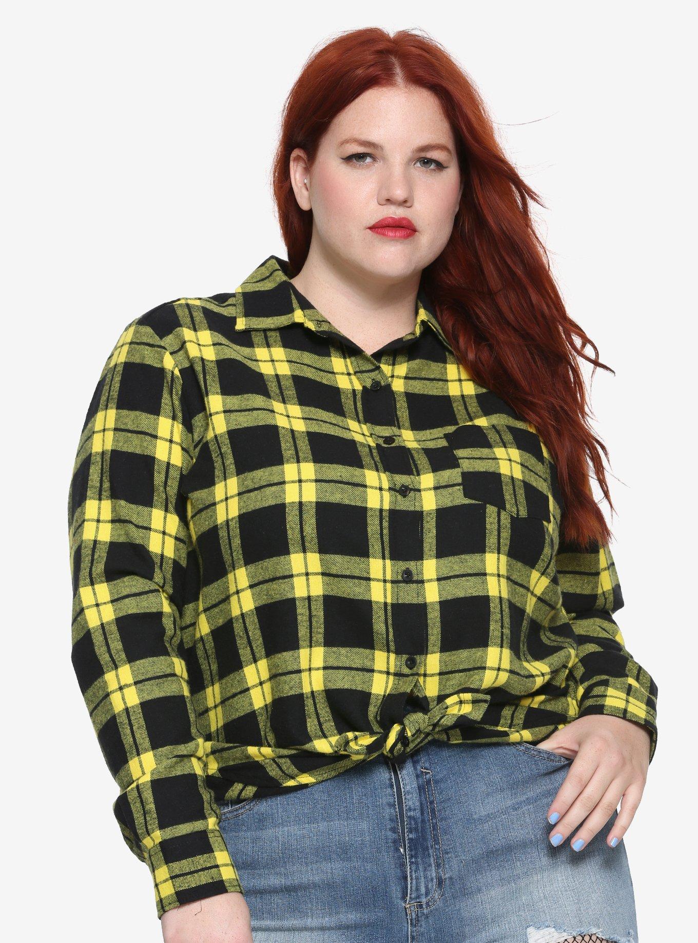 Black & Yellow Plaid Girls Button-Up Flannel Plus Size, PLAID, hi-res