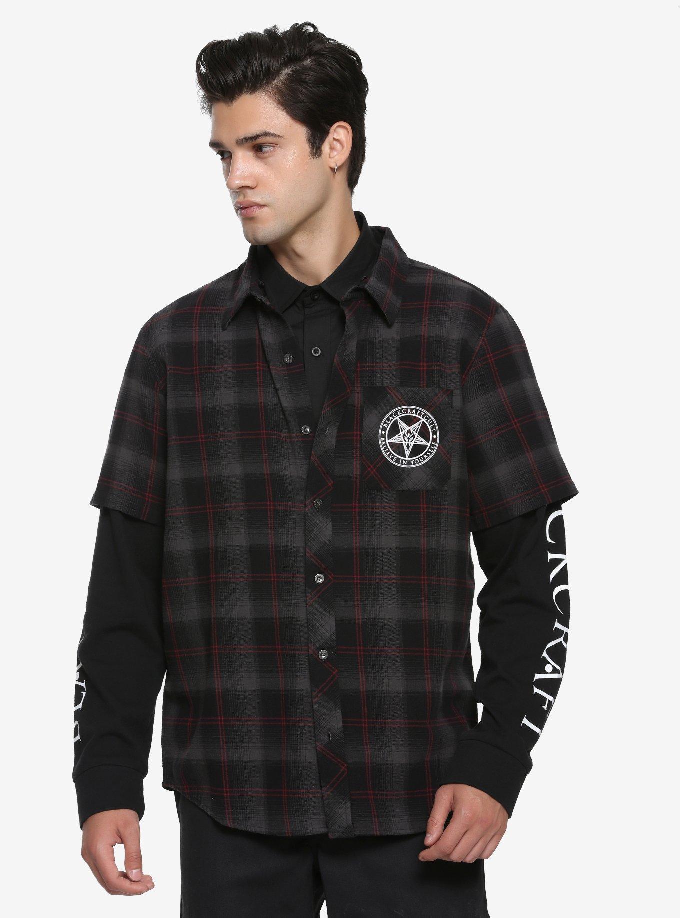 BlackCraft Red & Grey Plaid & Fleece Sleeves Hooded Woven