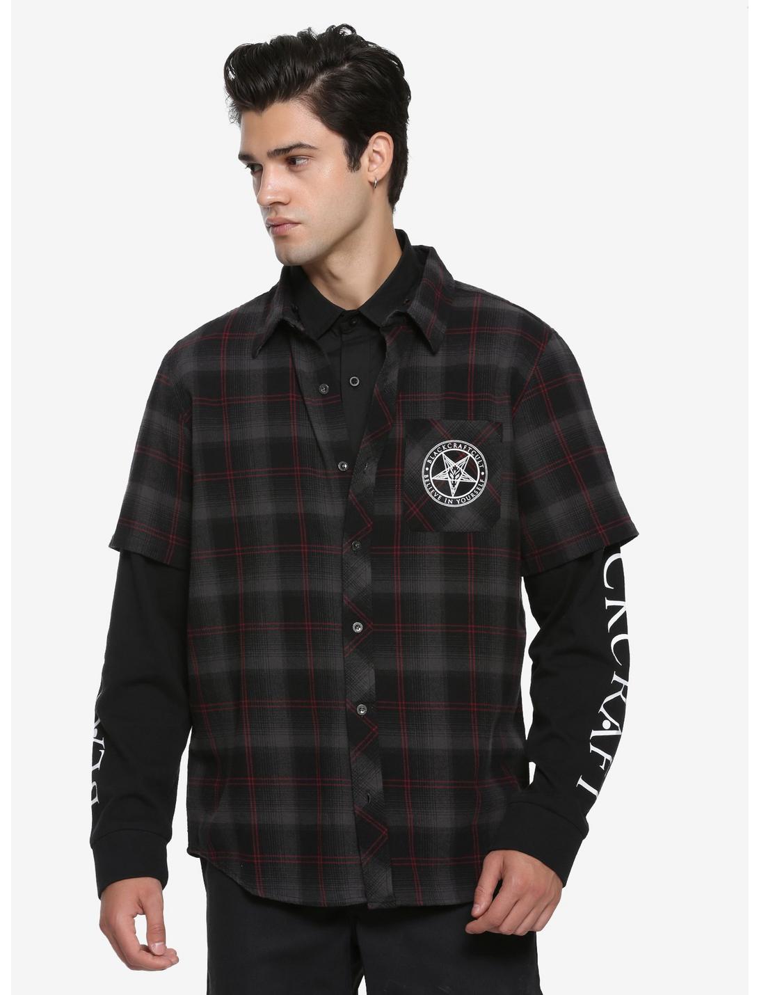BlackCraft Red & Grey Plaid & Fleece Sleeves Hooded Woven Button-Up, PLAID, hi-res