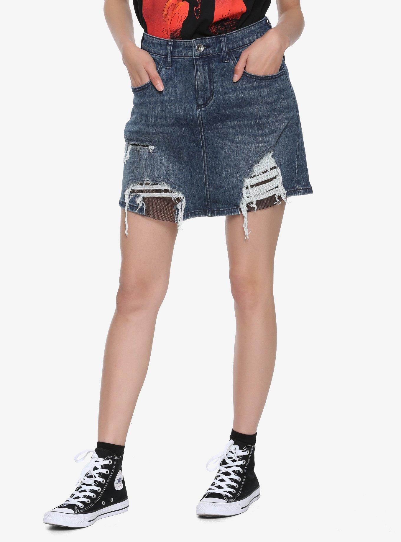 Blackheart Fishnet Denim Mini Skirt, DENIM, hi-res