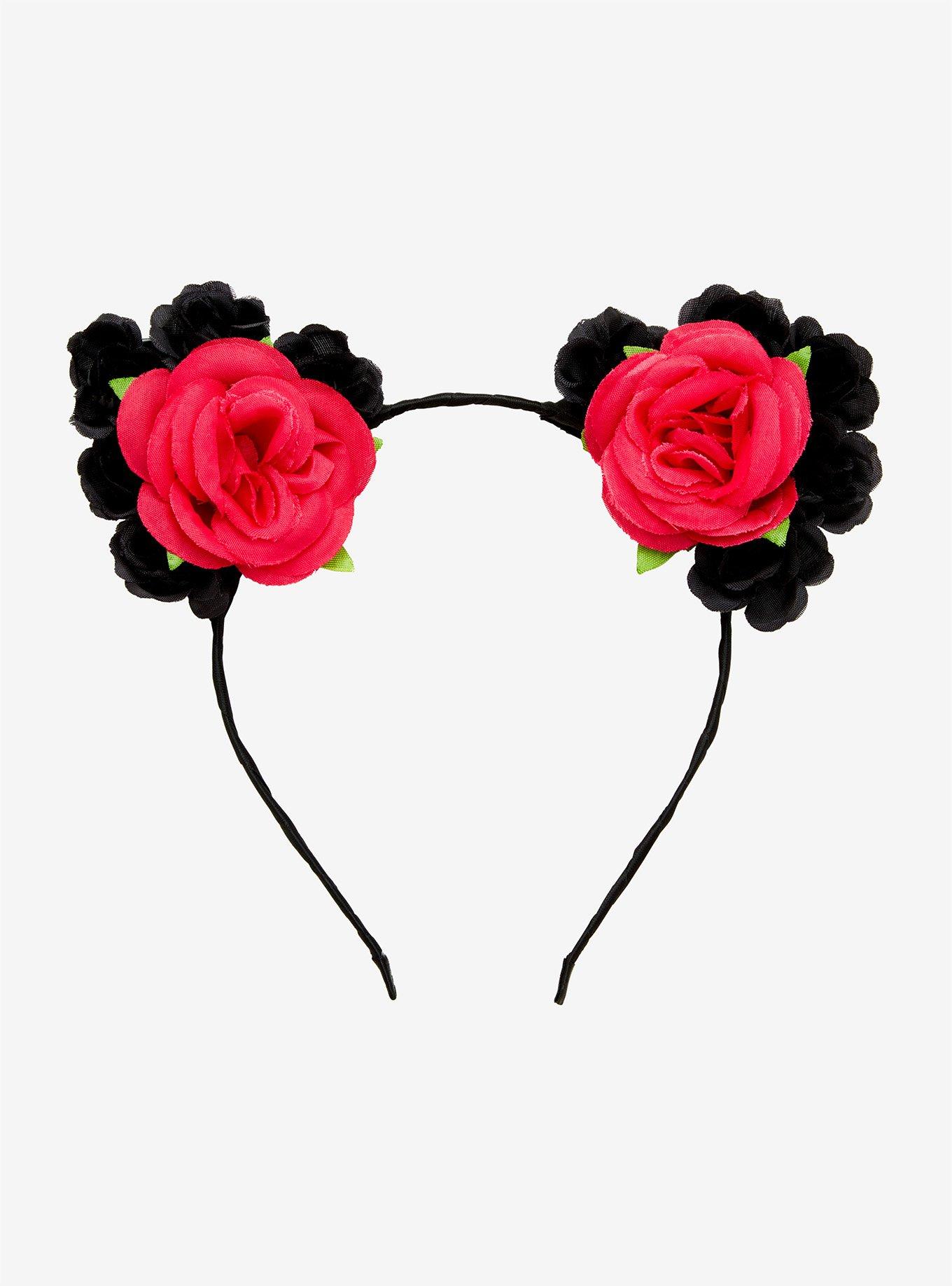 Pink And Black Floral Cat Ear Headband Hot Topic