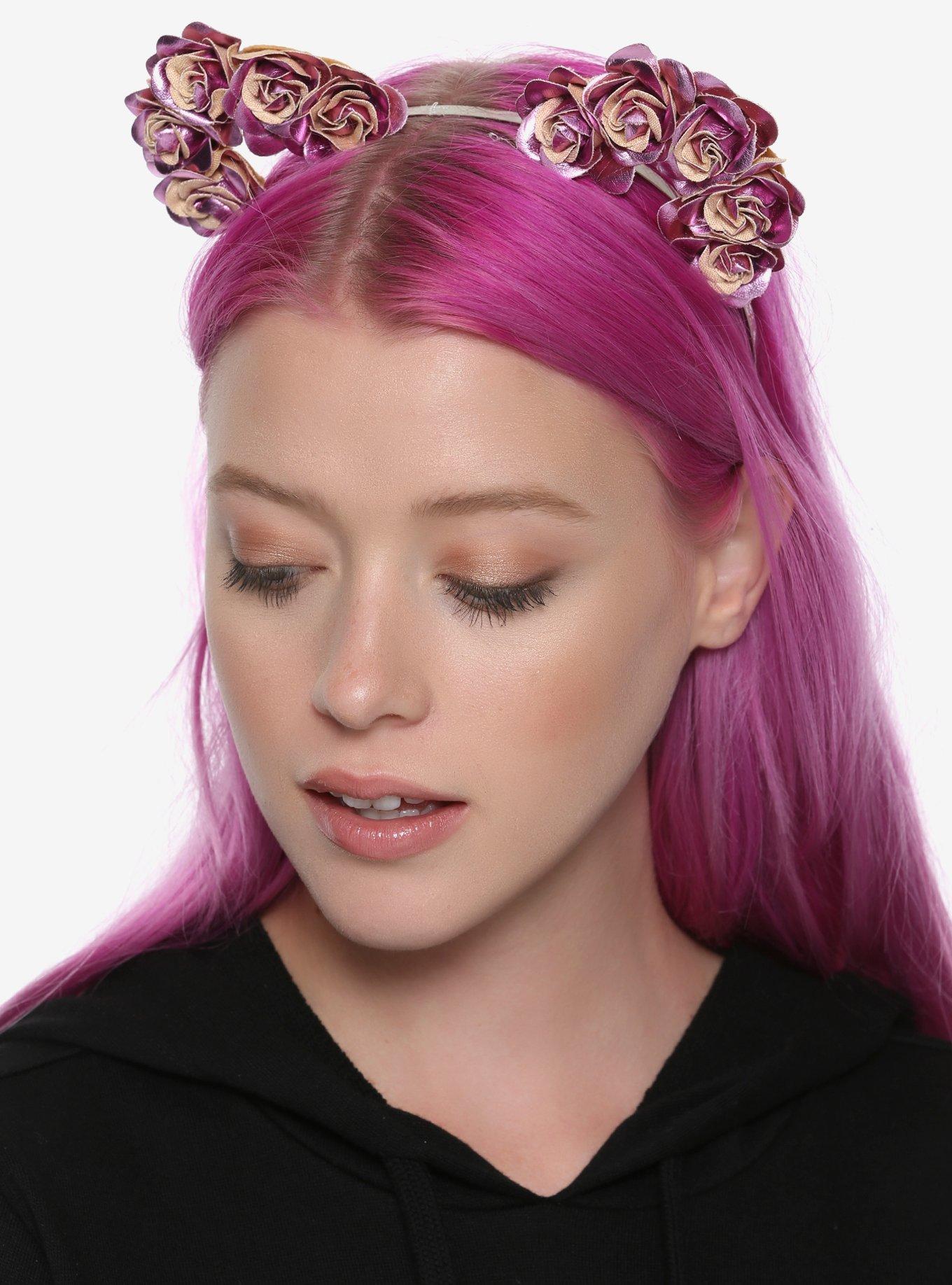 Blackheart Pink Floral Cat Ear Headband, , hi-res