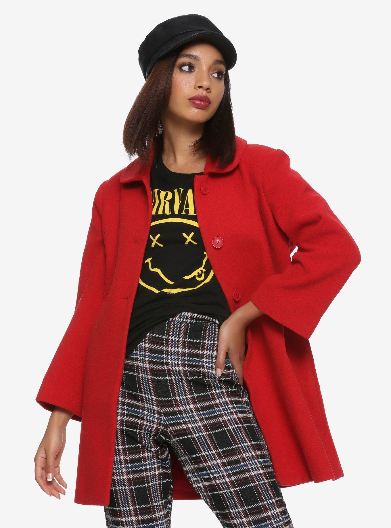 Red Button Retro Coat, RED, hi-res