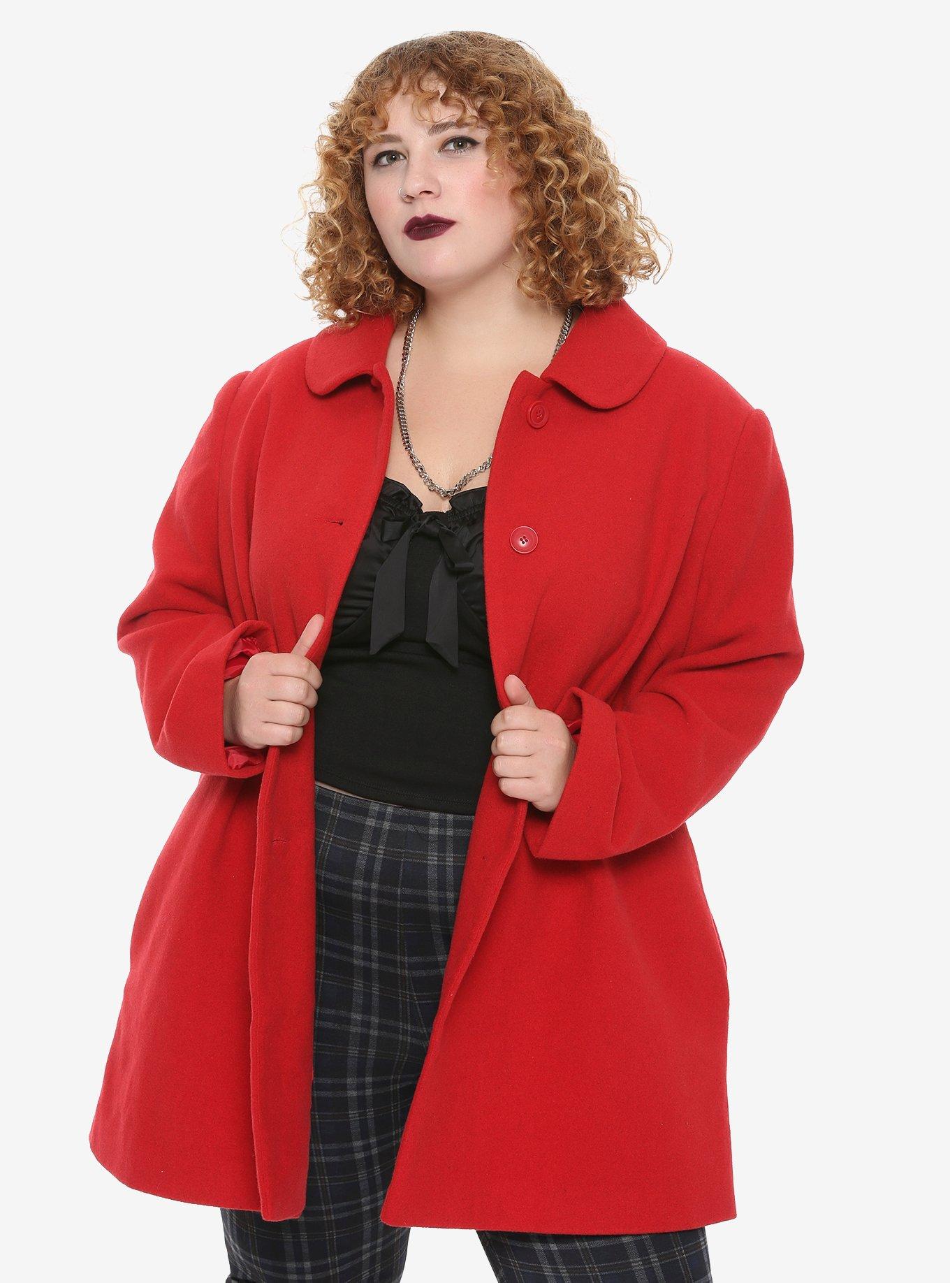 Red Button Retro Coat Plus Size, RED, hi-res