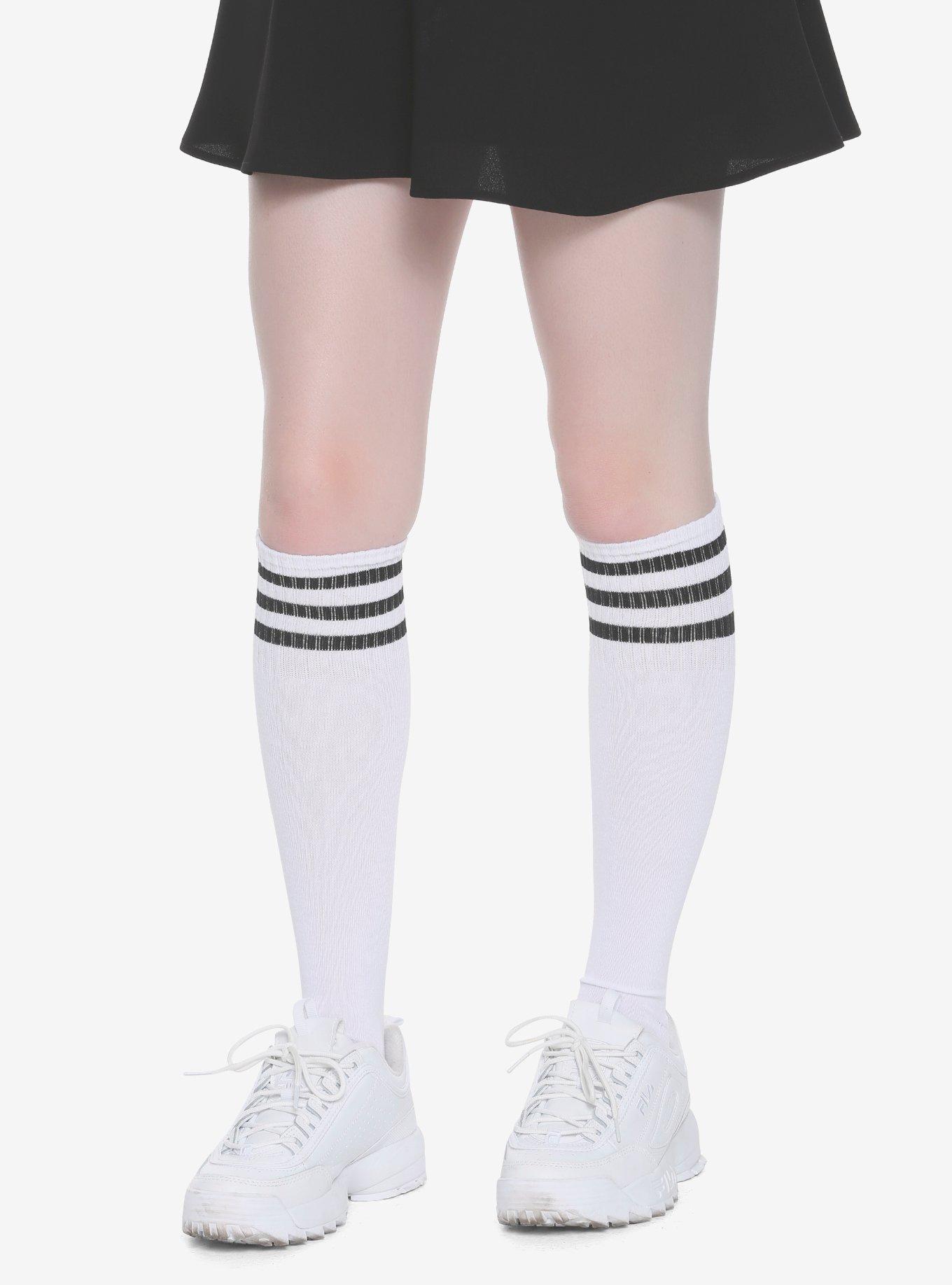 White & Black Varsity Stripe Knee-High Socks, , hi-res