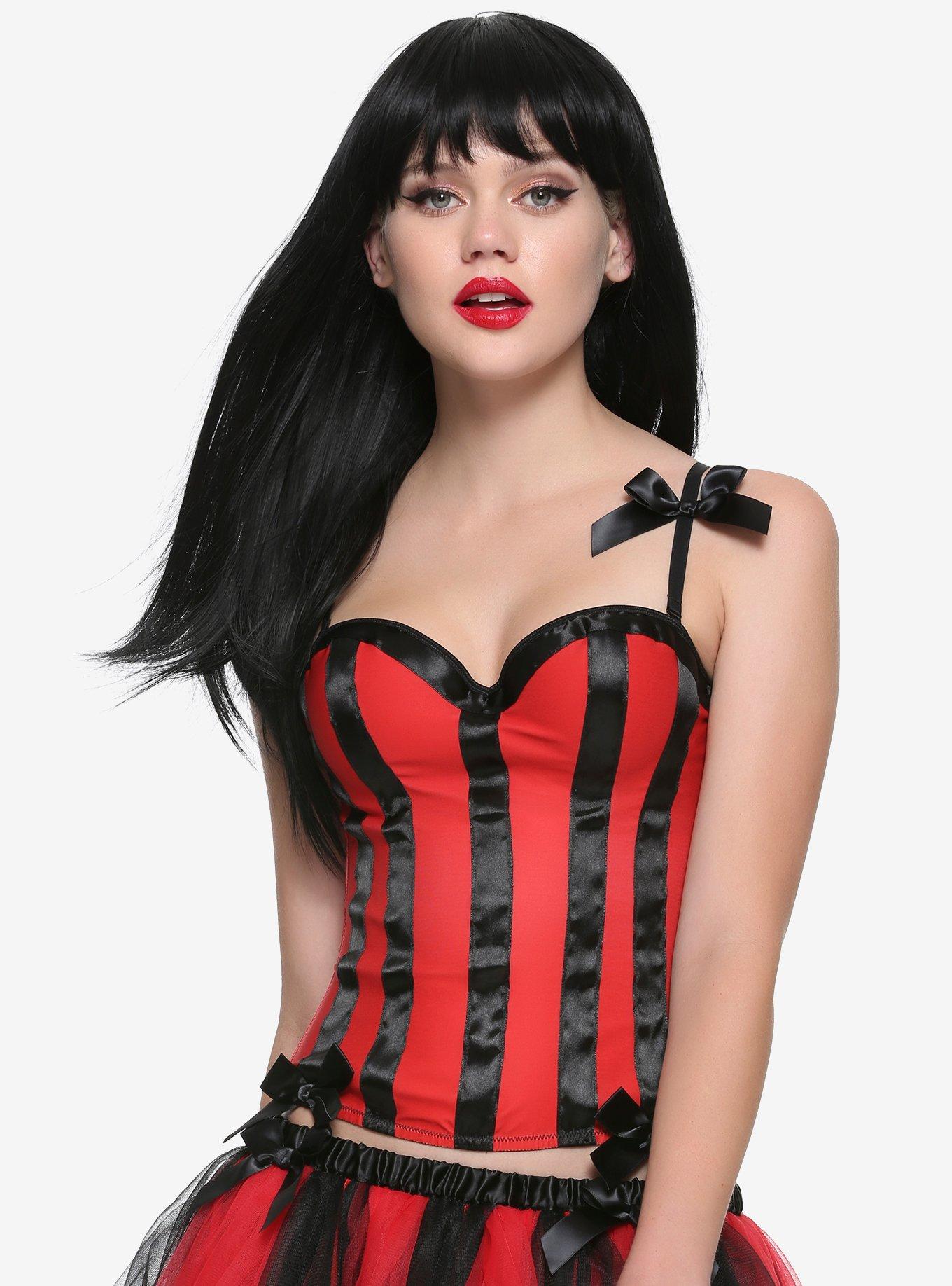 Red & Black Satin Ribbon Bustier, BLACK  RED, hi-res