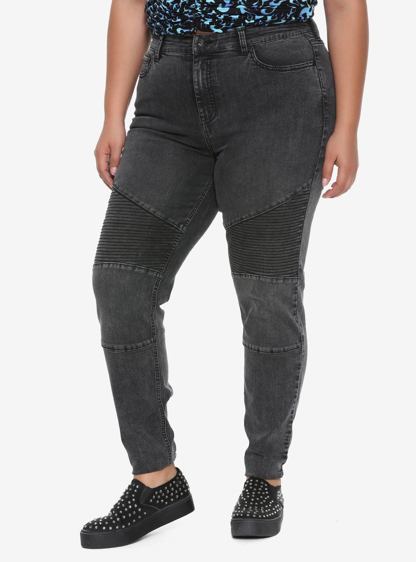 Blackheart Washed Black Moto Jeans Plus Size, BLACK, hi-res