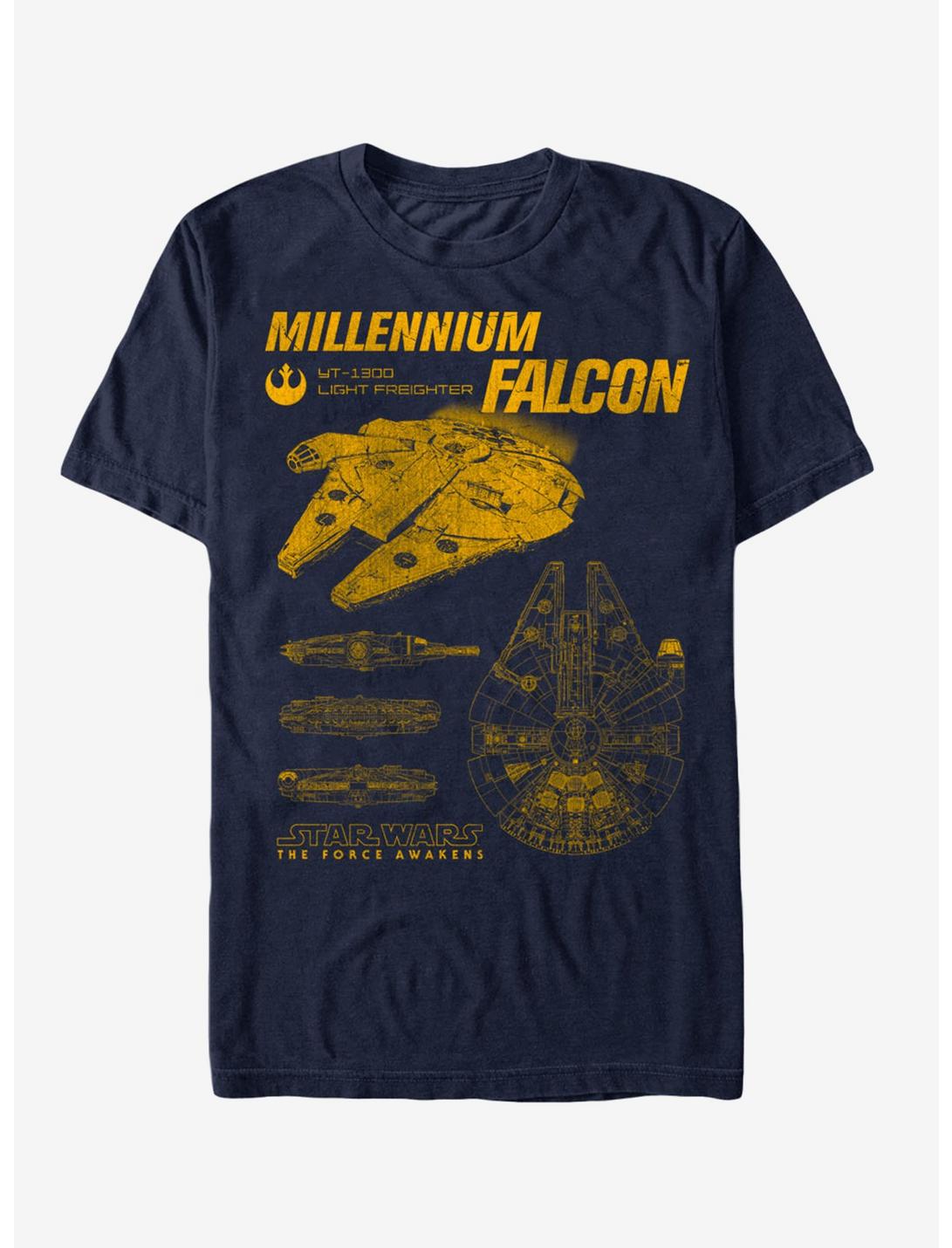 Star Wars The Force Awakens Millennium Falcon Blueprints T-Shirt, NAVY, hi-res