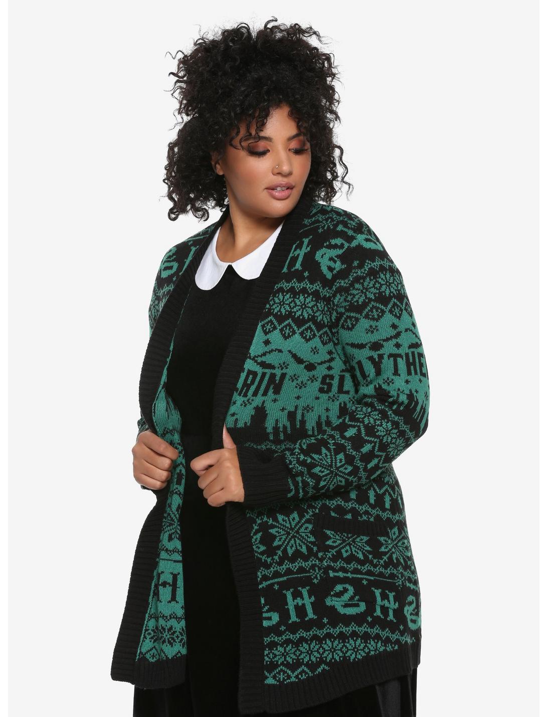 Harry Potter Slytherin Fair Isle Girls Flyaway Cardigan Plus Size, BLACK, hi-res