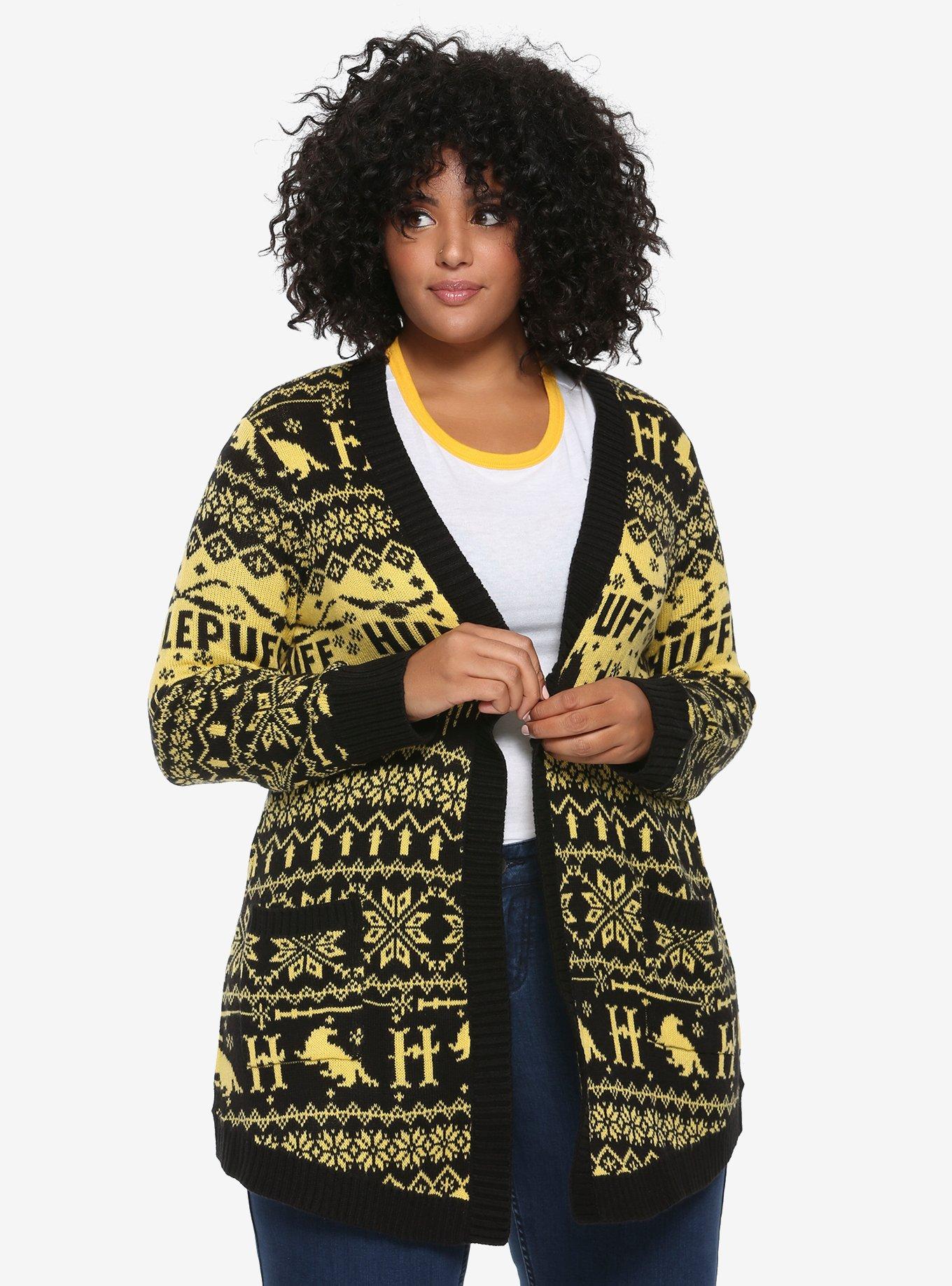 Harry Potter Hufflepuff Fair Isle Girls Flyaway Cardigan Plus Size, BLACK, hi-res