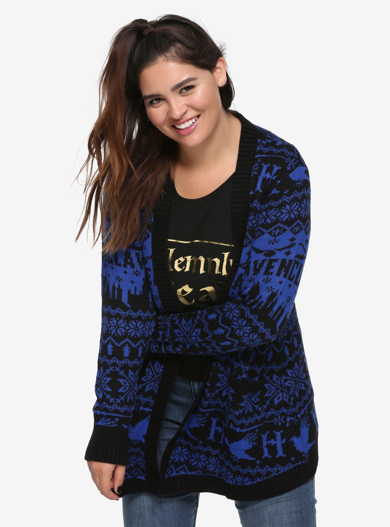 Harry Potter Ravenclaw Fair Isle Girls Flyaway Cardigan Plus Size, BLACK, hi-res