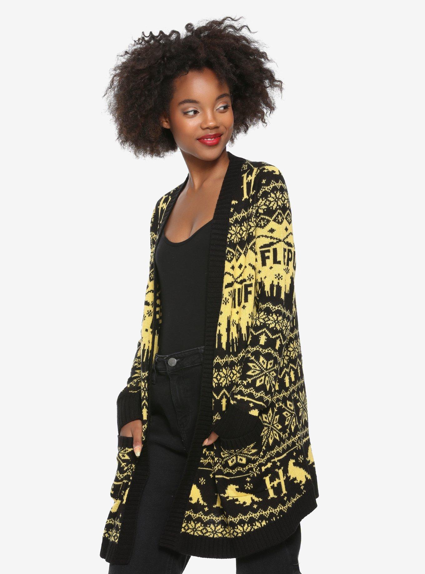 Harry Potter Hufflepuff Fair Isle Girls Flyaway Cardigan, BLACK, hi-res
