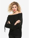 Black Lace-Up Sleeve Girls Off-The-Shoulder Sweater, BLACK, hi-res