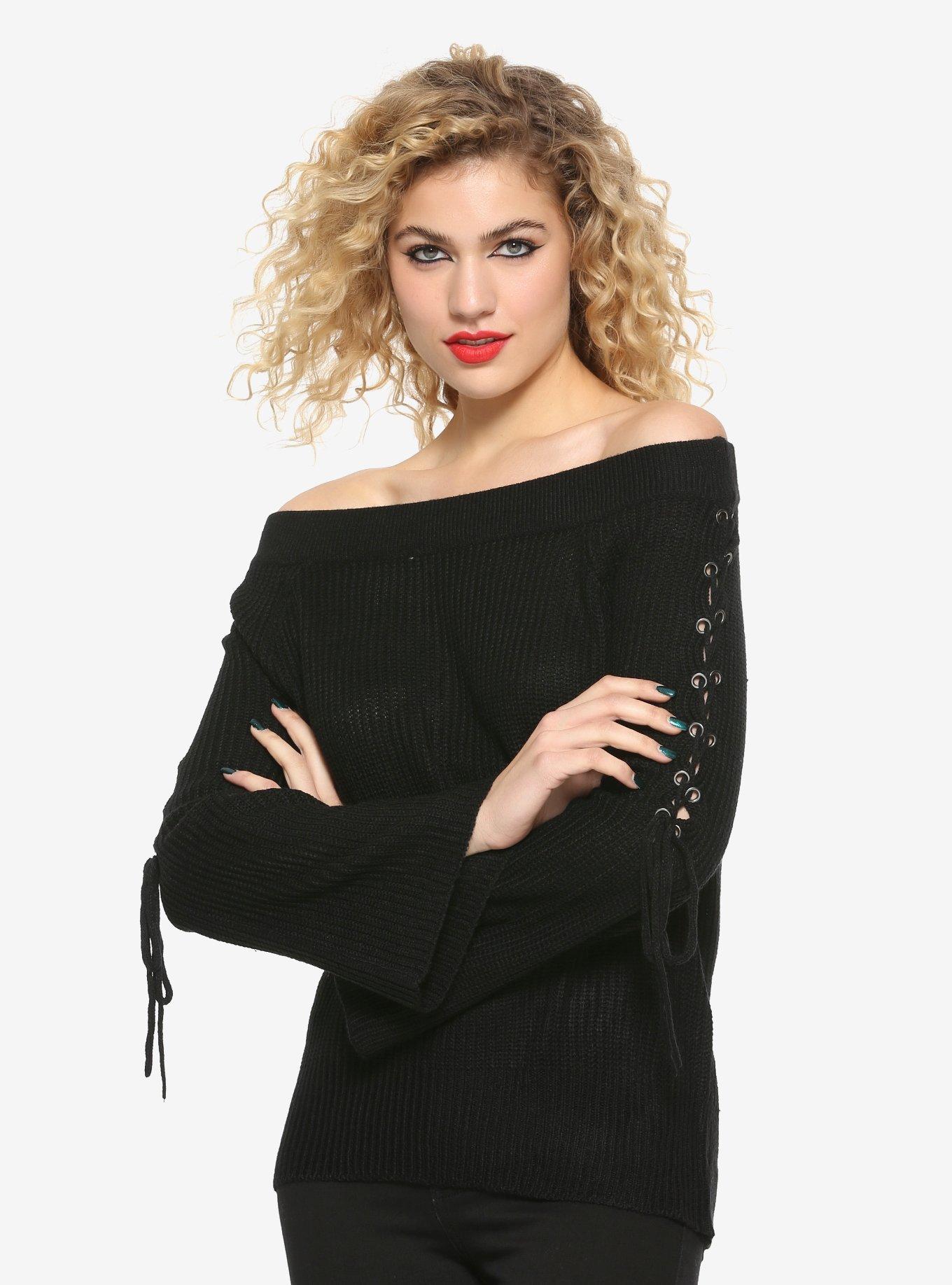 Black Lace-Up Sleeve Girls Off-The-Shoulder Sweater, BLACK, hi-res
