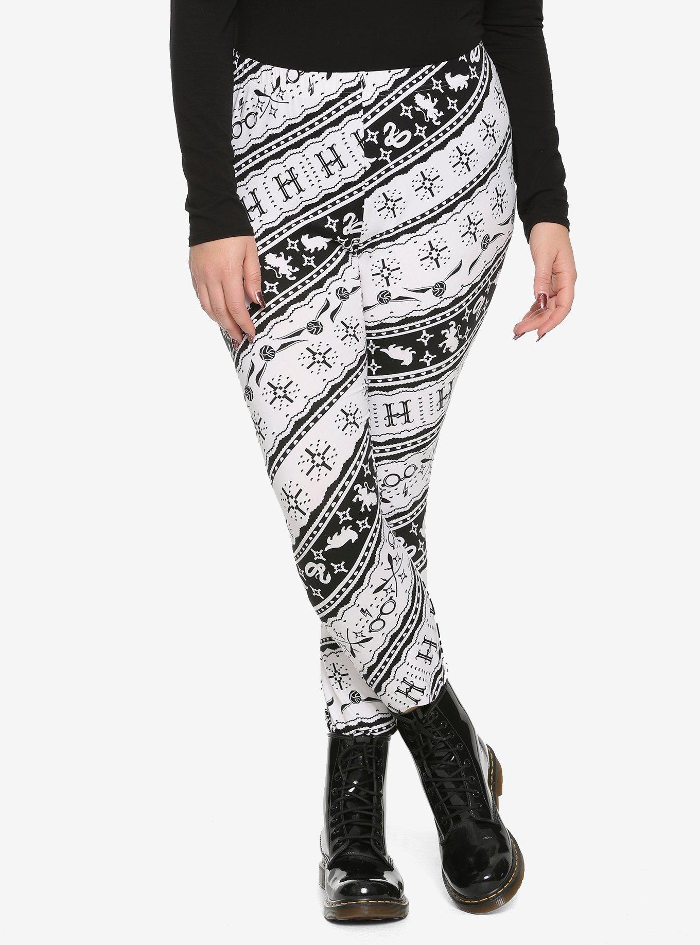 Harry Potter Black & White Hogwarts Fair Isle Leggings Plus Size, WHITE, hi-res