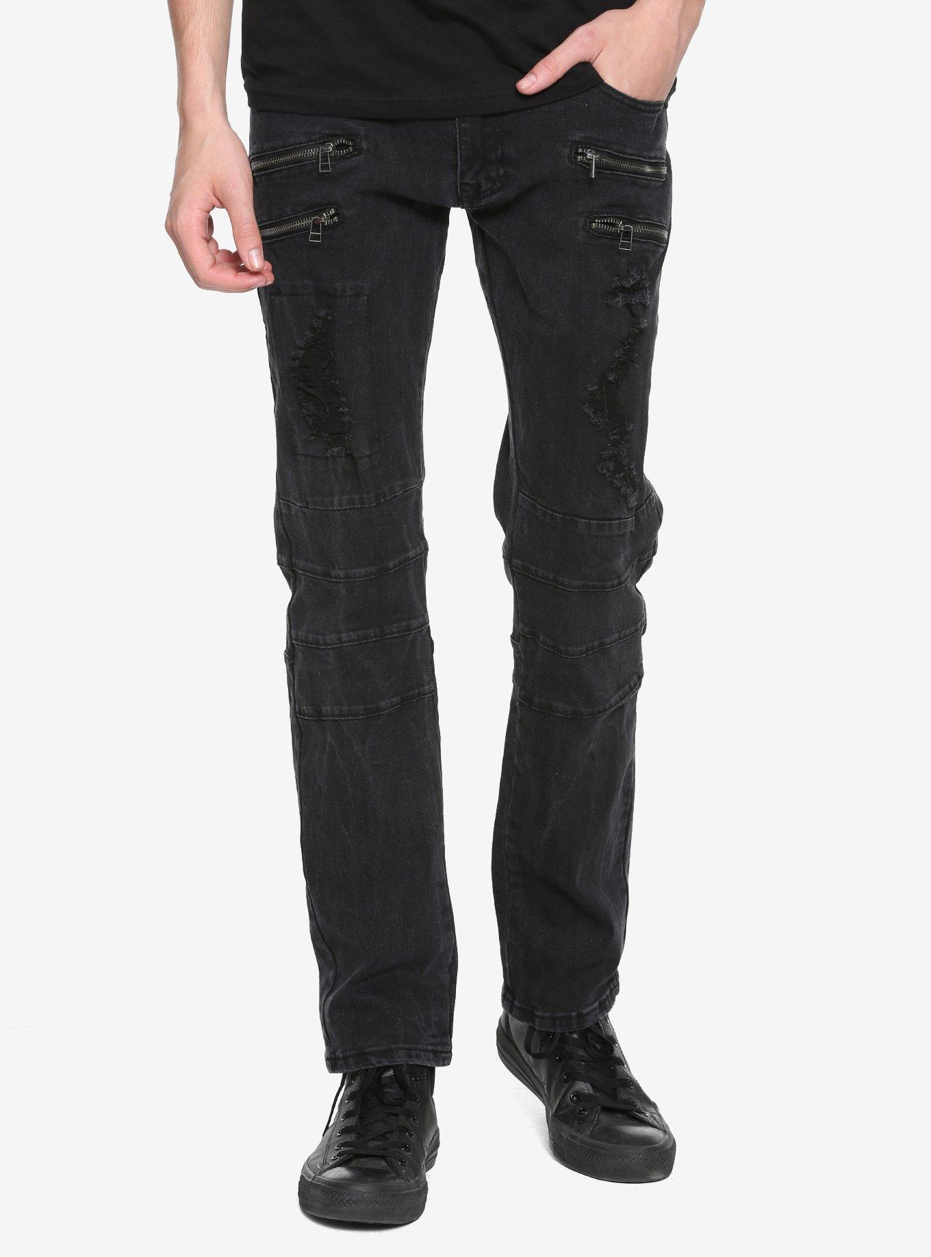 Raw X Distressed Black Moto Zipper Jeans, BLACK, hi-res