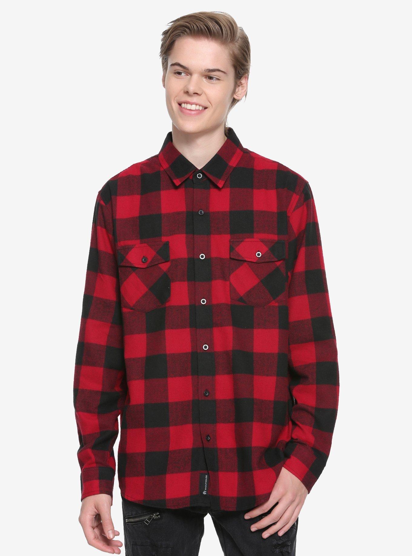 Red & Black Plaid Flannel Woven Button-Up | Hot Topic