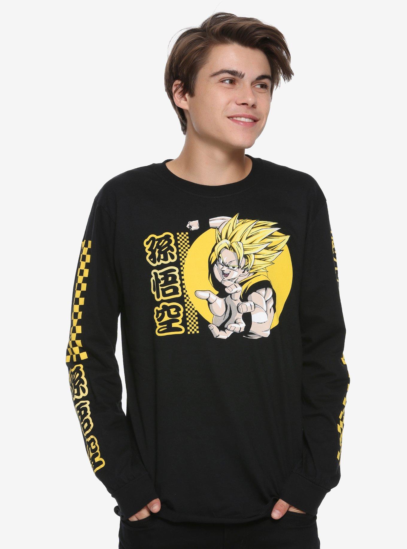 Dragon Ball Z Super Saiyan Goku Checkerboard Long-Sleeve T-Shirt Hot Topic Exclusive, BLACK, hi-res