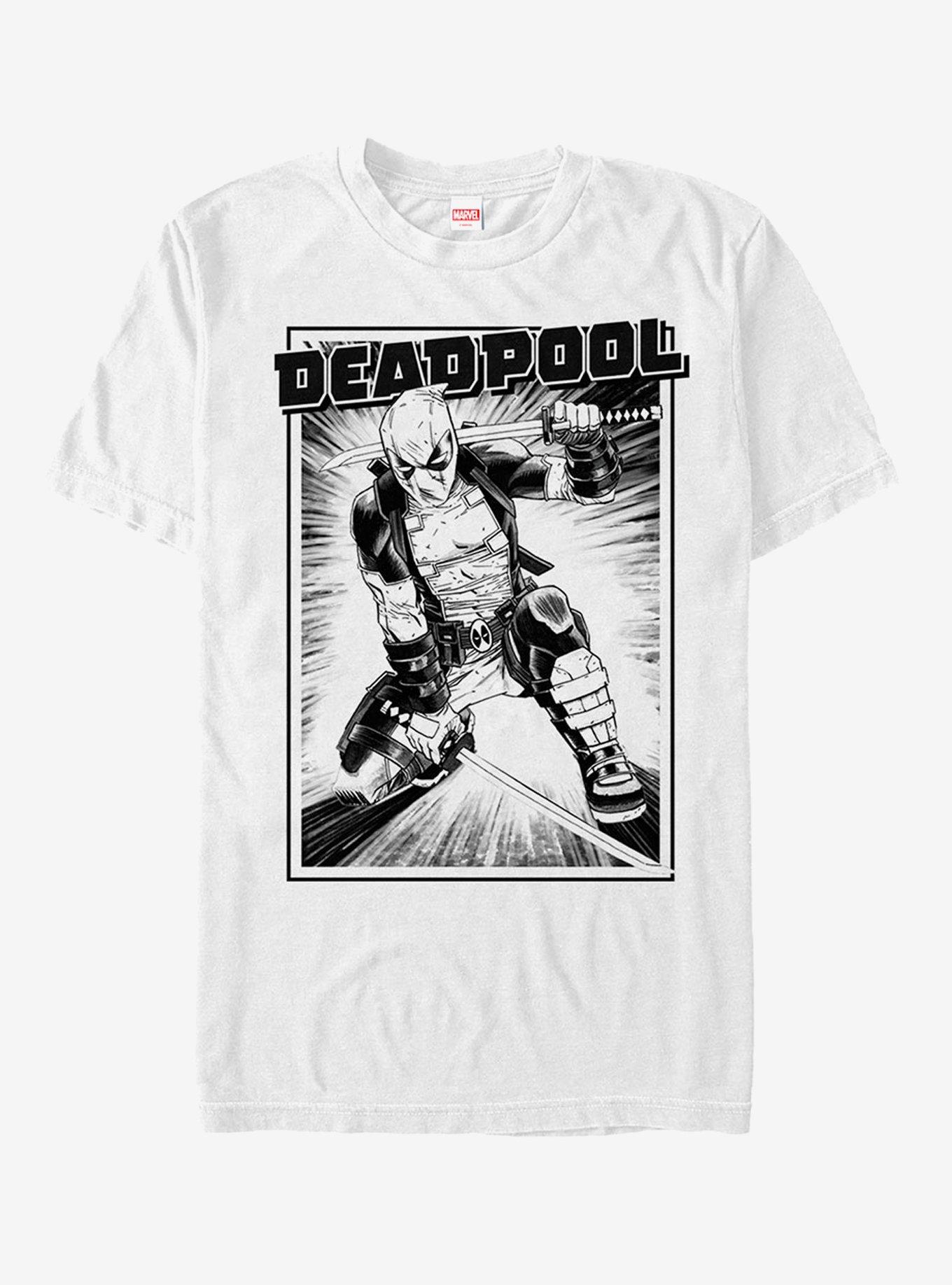 Marvel Deadpool Katana Grayscale Sword Pose T-Shirt, WHITE, hi-res