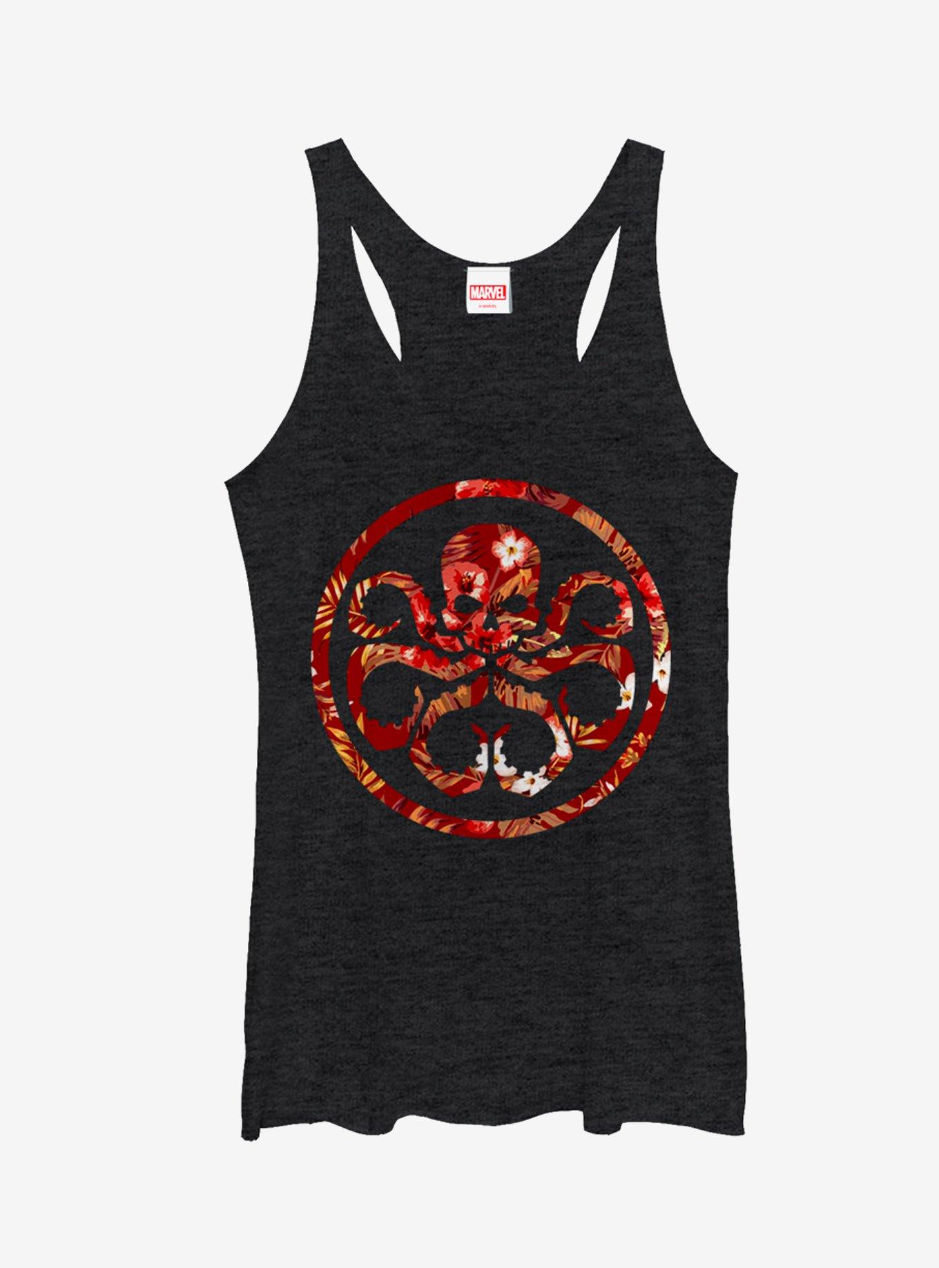 Marvel Agents Of S.H.I.E.L.D. Hail Hydra Floral Print Logo Girls Tanks, BLK HTR, hi-res