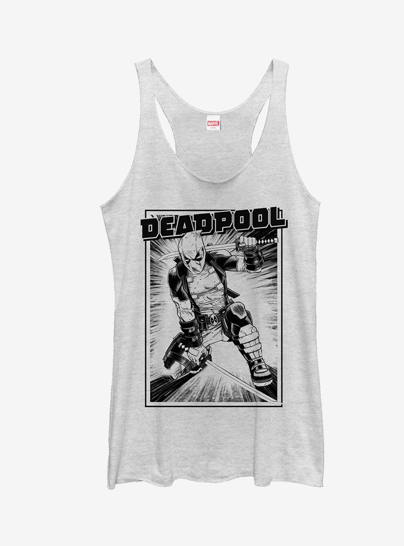 Marvel Deadpool Katana Grayscale Pose Girls Tank, WHITE HTR, hi-res