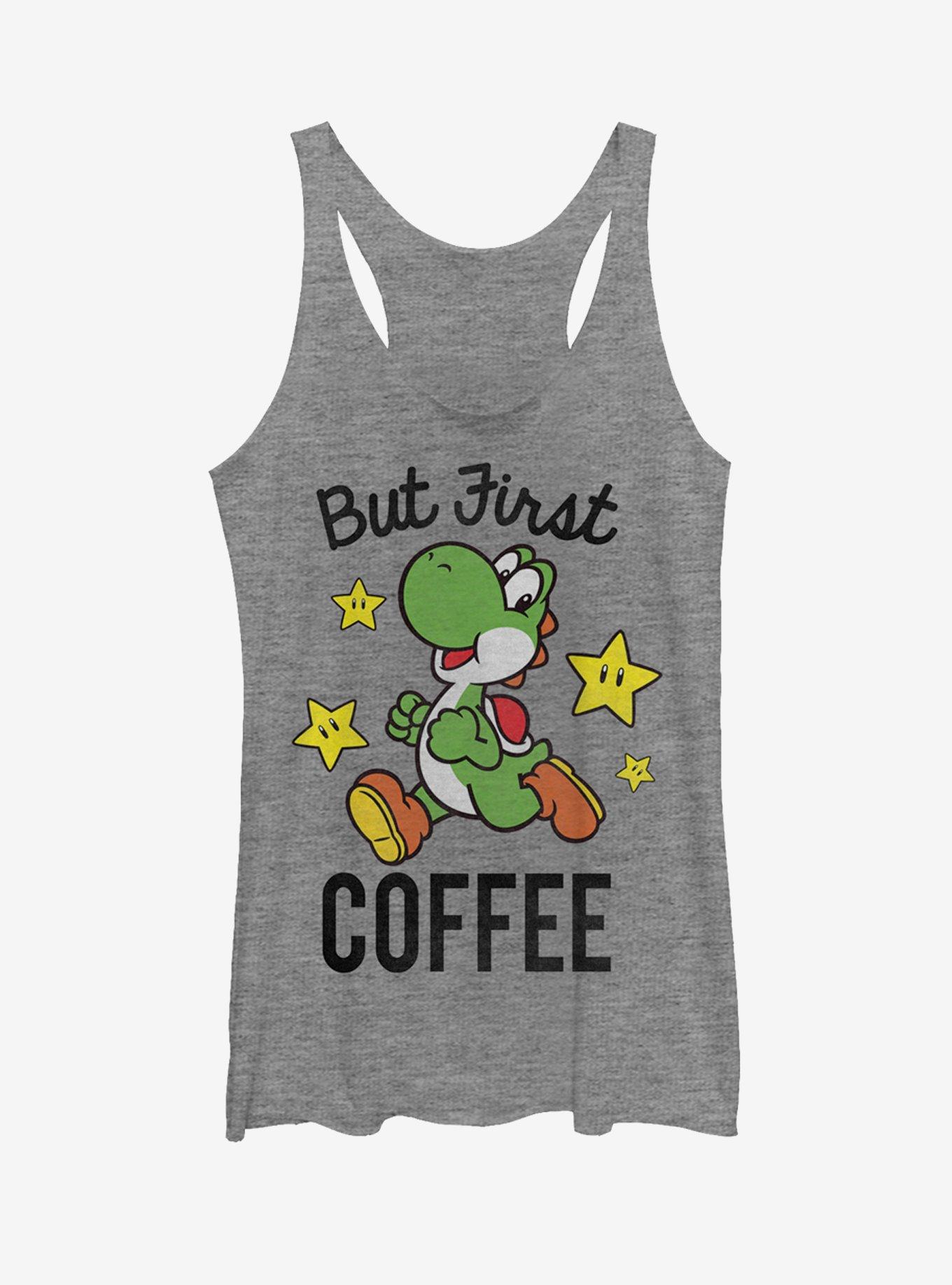 Super Mario Yoshi First Coffee Girls Tanks, GRAY HTR, hi-res