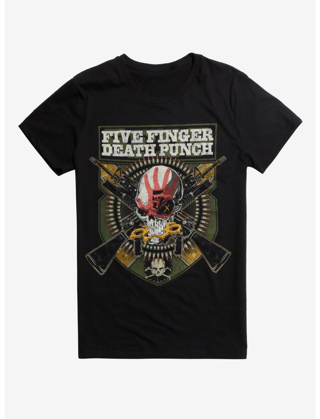 Five Finger Death Punch Skull & Crossed Guns T-Shirt, BLACK, hi-res