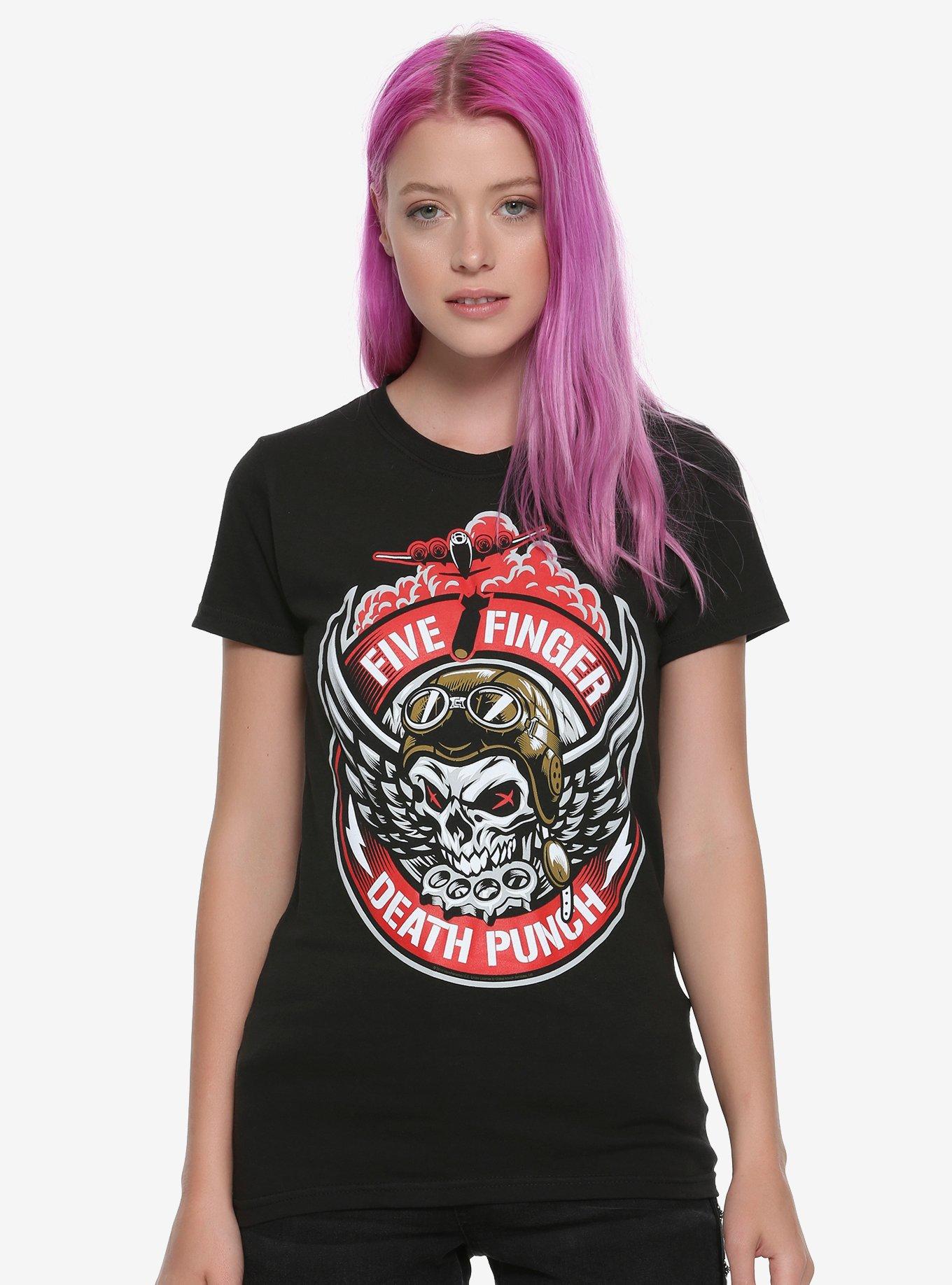Five Finger Death Punch Pilot Skull Girls T-Shirt, BLACK, hi-res