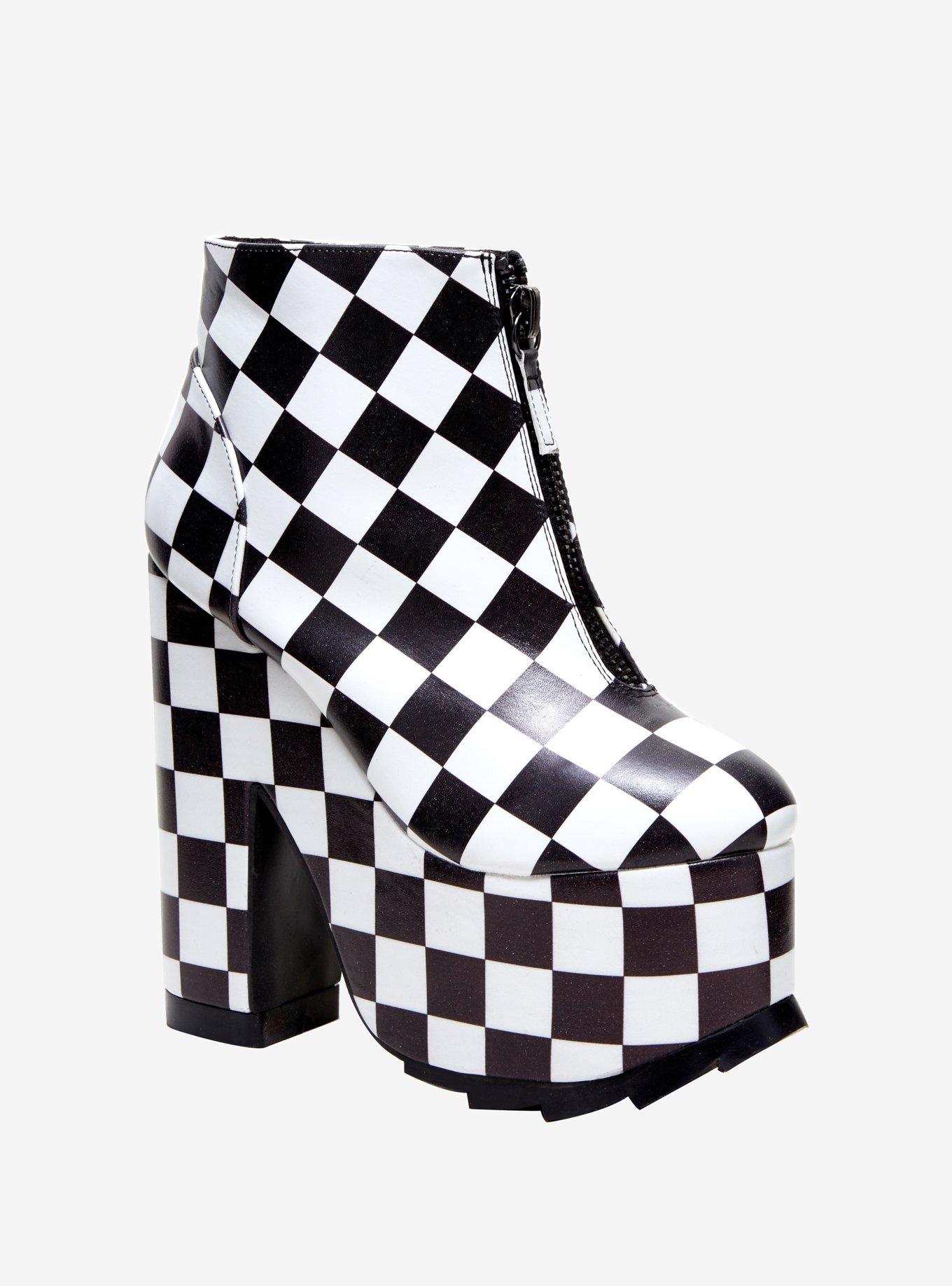 Y.R.U. Nightmare Checkered Platform Heels, BLACK WHITE CHECKER, hi-res