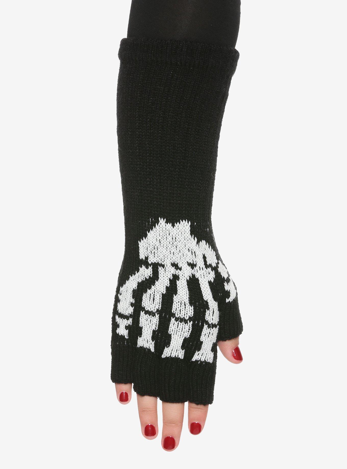 Black Cuff Skeleton Fingerless Gloves, , hi-res