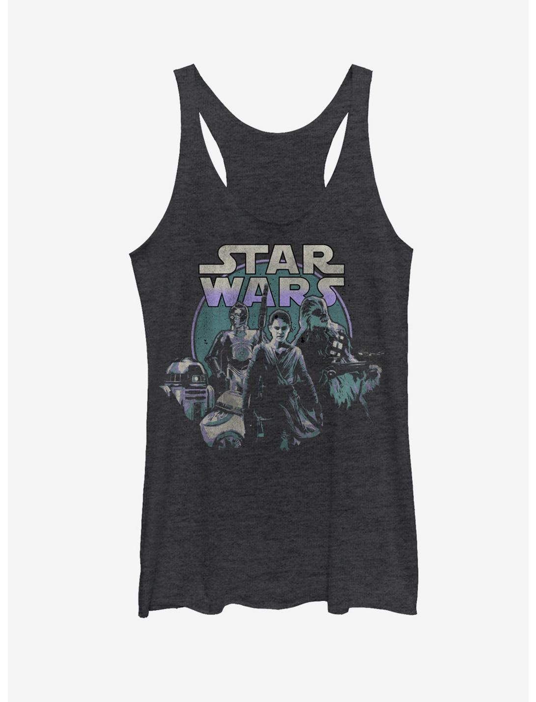 Star Wars The Force Awakens Rey and Droids Womens Tank, BLK HTR, hi-res