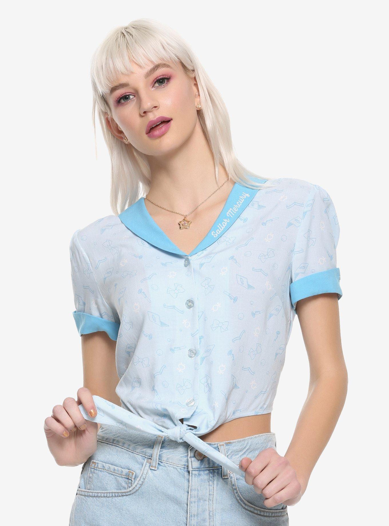 Sailor Moon Sailor Mercury Tie-Front Girls Crop Button-Up Hot Topic Exclusive, BLUE, hi-res